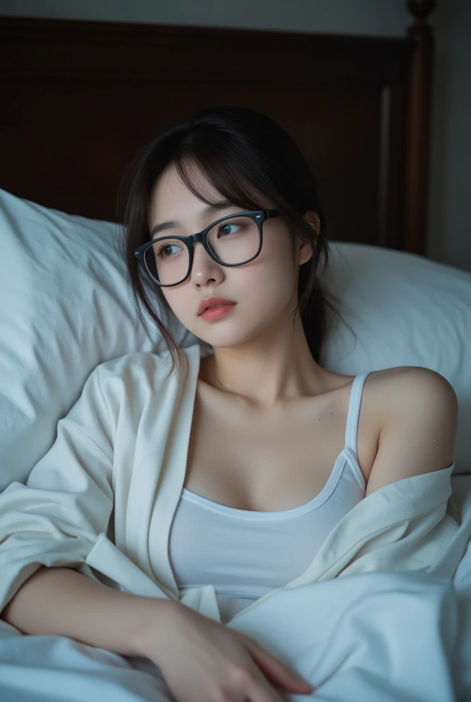 a one woman, lying on her bed. at night, in dark. 4K. wearing glasses.