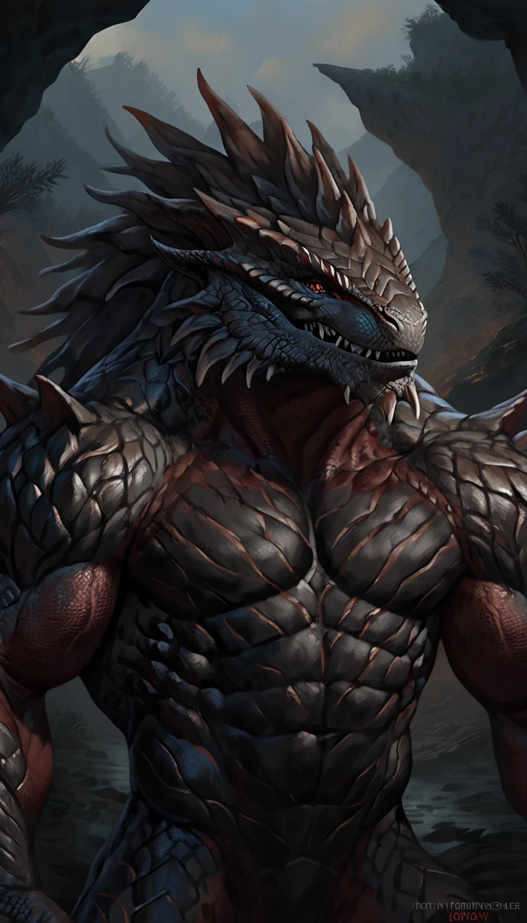 dragonborn lizardfolk, anthro dragon lizard, solo, portrait, scalie, detailed scales, thedarkurge, experienced predator, dragonic, monster, mercenary, grin, open mouth, black scaly body, matte body, toned, muscular anthro, big muscles, scars on body, 1male solo, anthro, muscular, thick neck, thick tail, marked jaw, underground cave city background, darkness, horror, best quality, 4k, ultra-detailed, by laobai, by taran fiddler, by honovy