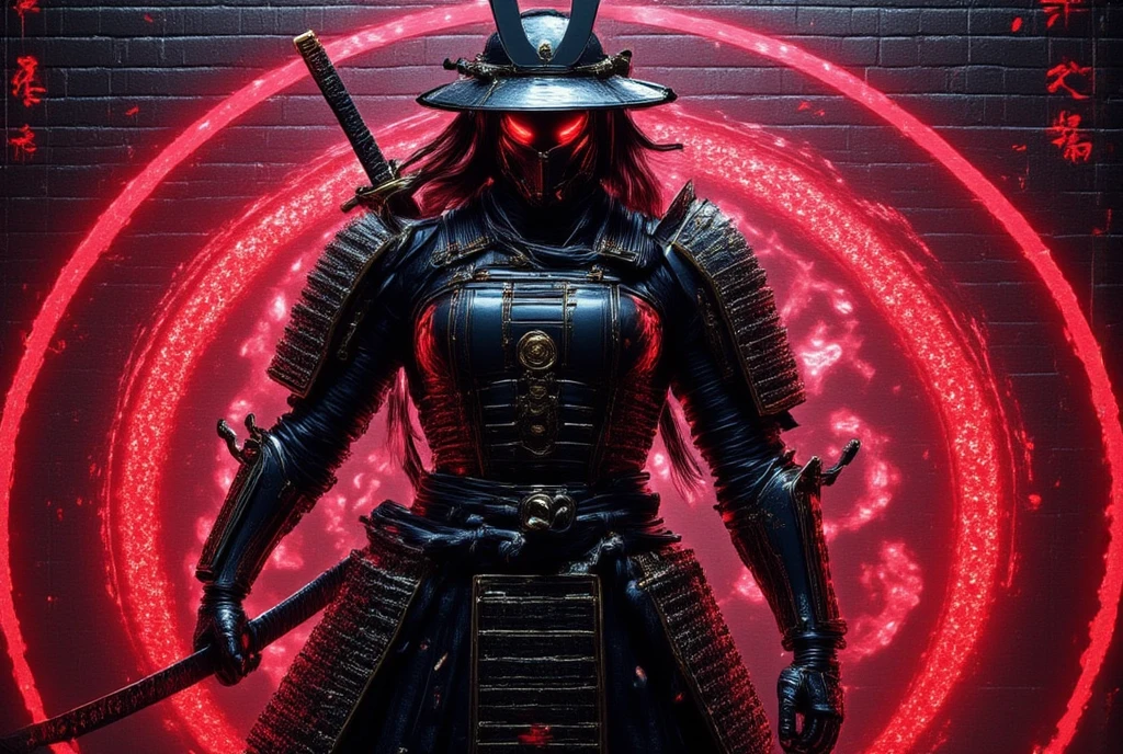 Create an urban art graffiti-style illustration featuring a dynamic samurai warrior woman standing in a striking pose against the backdrop of a rising sun motif. The composition emphasizes bold contrasts with a predominantly black and red color palette. The background is a textured brick wall, with the rising sun painted in bold, expressive brushstrokes.  

The samurai is highly detailed, with sharp lines, defined shadows, and intricate armor elements. Incorporate effects of dripping ink and spray paint for an edgy, modern aesthetic. Use dramatic lighting to highlight the warrior, creating a sense of intensity and motion.