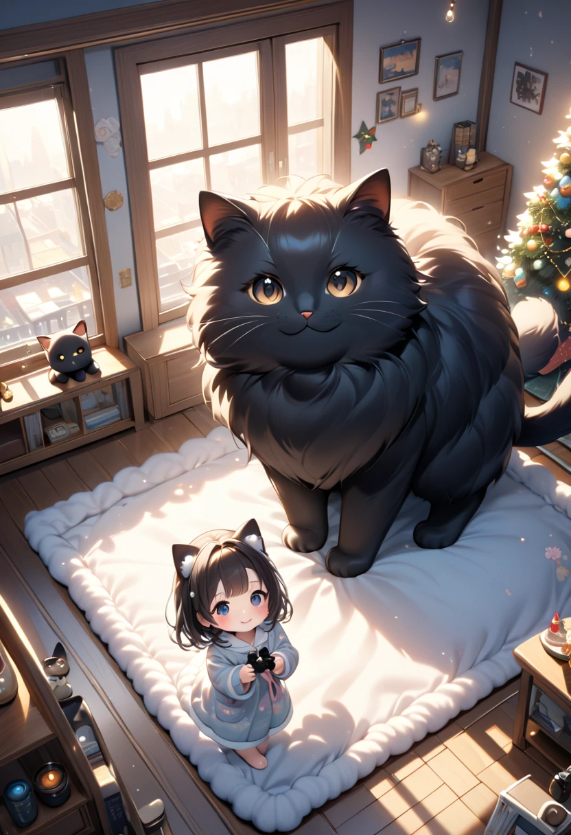 (masterpiece), (ultra-detailed, best quality, clear focus, dramatic scene, cinematic), shadow, (ultra-high resolution, 8k), perfect anatomy, perfect face, (detailed face), (detailed eye), (chibi), (5 fingers), cute Japanese chibi girl, famous Japanese chibi idol, very beautiful and cute and cool face, (wearing an cute winter room wear:1.2), (large breasts), (She is enjoying playing the acoustic guitar in her room:1.3), stylish furnishings, she is showing smile, she is jumping in the room, dynamic angle, (a very cute giant black cat is mewing along with her guitar), professional lighting, (detailed very cute fluffy giant black cat:1.3), they looks so happy, happy smile, (gorgeously decorated Christmas tree with shining Christmas lights), spectacular view of snowstorm through the window, (shoot from above)