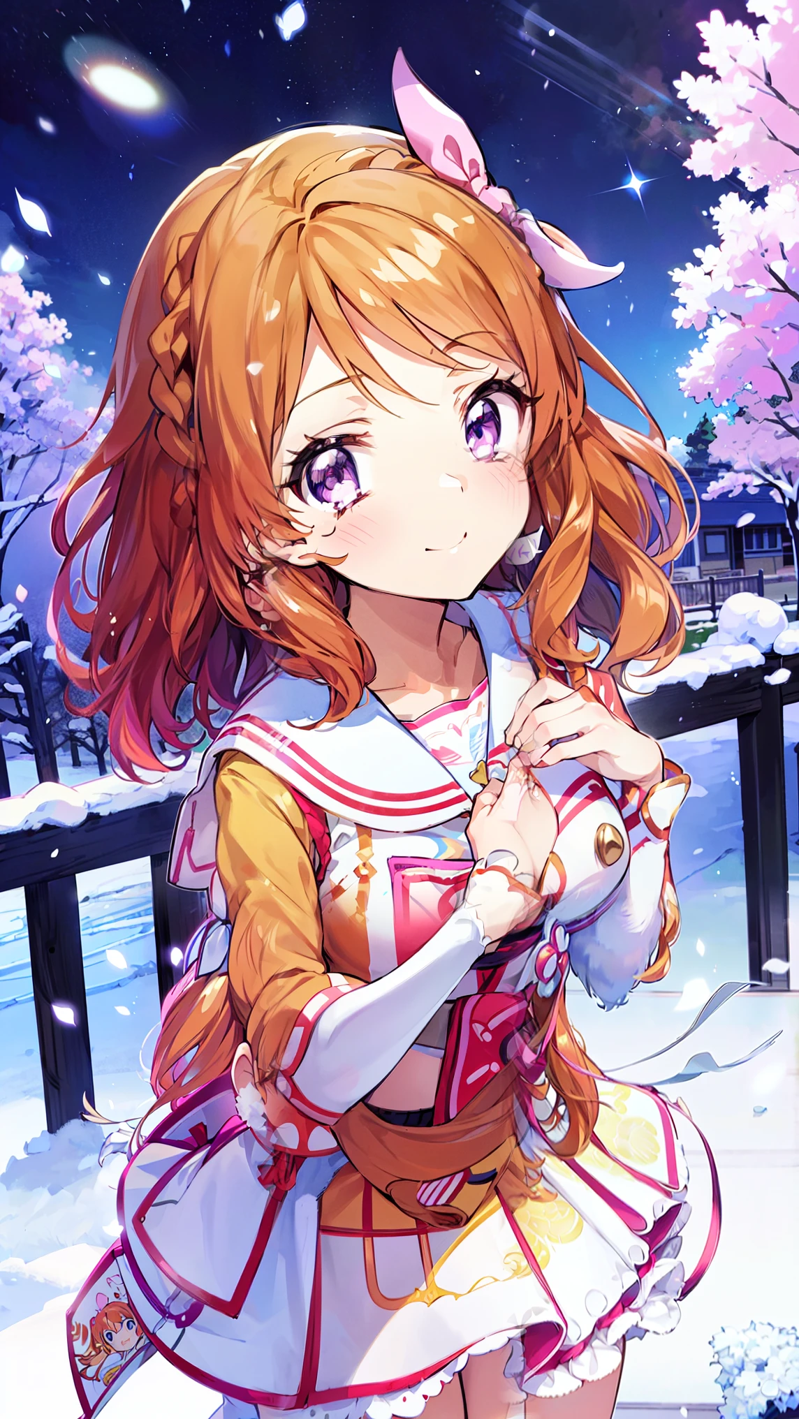  orange hair，One person， pink ribbon，Akari Ozora，((masutepiece)), ((Best Quality)), (Ultra-detailed), anime style ，Idol Academy ，consider，Aikatsu characters， Official Anime Item ， breast size is c cup，With a snowy night in the background，8k，4K，16k， high school idol ，Photo Collection，Face is front，Anime Coloring Book，She is 155 cm tall.， ichigo hoshimiya，Be aware of only the color scheme Giantess ， the best smile I can only show you，A scene from an anime，Natural skin color，Make the outline line natural，Clear Filters ，Clumsy  but hard work ，Workmanship not visible in the illustration，Face only、seed（2350895890）