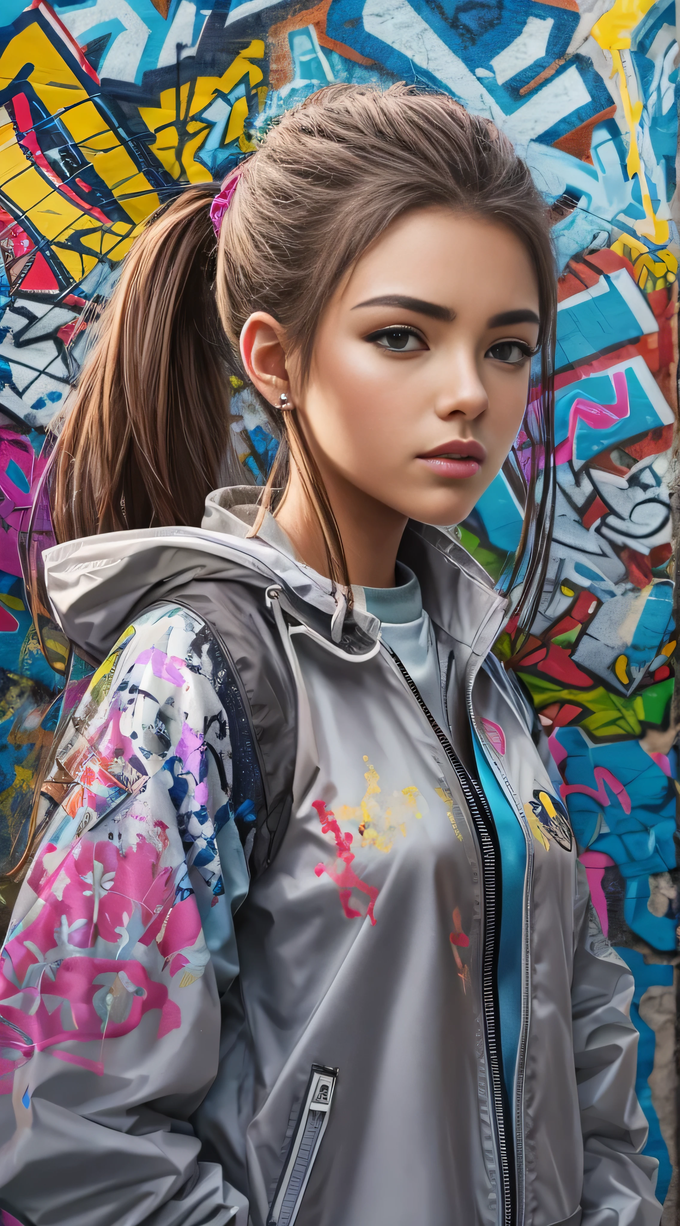 ( top quality), masterpiece,  EXTREMELY DETAILED CG UNIFORM 8K ILLUSTRATION , High collar, extremely High collar saturation,  All colors have deepened , paint,  graffiti art, CENTER COMPOSITION , Extremely detailed lighting, Graffiti wall, wall painted bright,  1 girl graffiti 1 girl is looking at the wall,  very detailed face and eyes,  medium hair, sportswear, Coloured Clouds