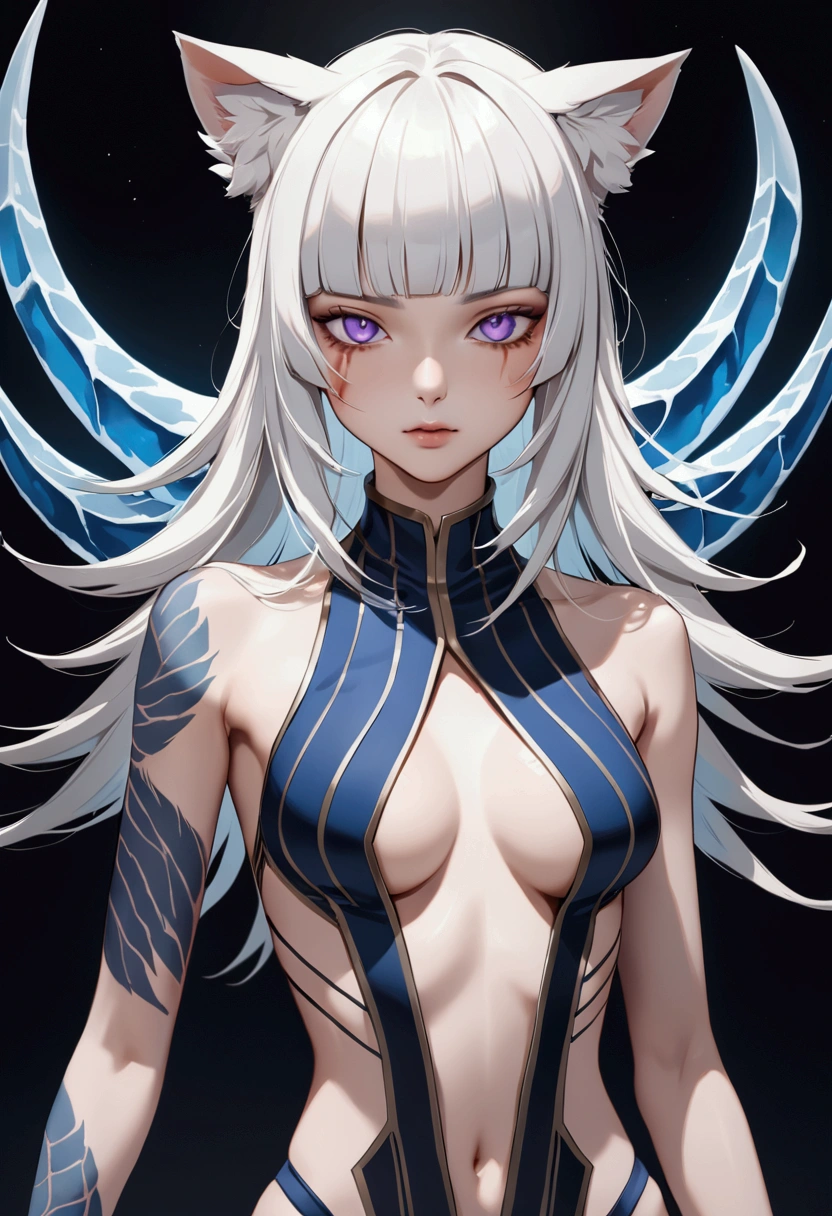 young girl, long white hair, heterohromia, left eye blue, right eye purple, multi-colored eyes, cat ears, ice claws, lot of scars, lotbof tattoo, skinny, blue form, sleeveless, open belly, open breasts, Masterpiece, best quality, Full HD, 8k, ultra details, great graphic, anime style, 2D, detailed eyes, beautiful eyes, beautiful face, beautiful clothes, beautiful body, wonderful design