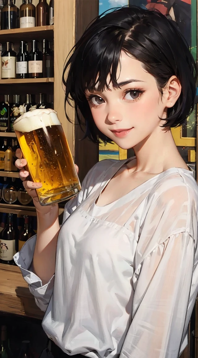 a black haired girl with a smile and a short cut drinking beer