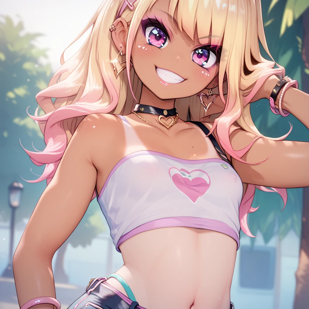 By mantis-x, (gyaru), young girl, bottomles, small breasts, playful smile, blonde hair, ((tanned skin)), solo, midriff, tube top, ass shake, lewd dance,