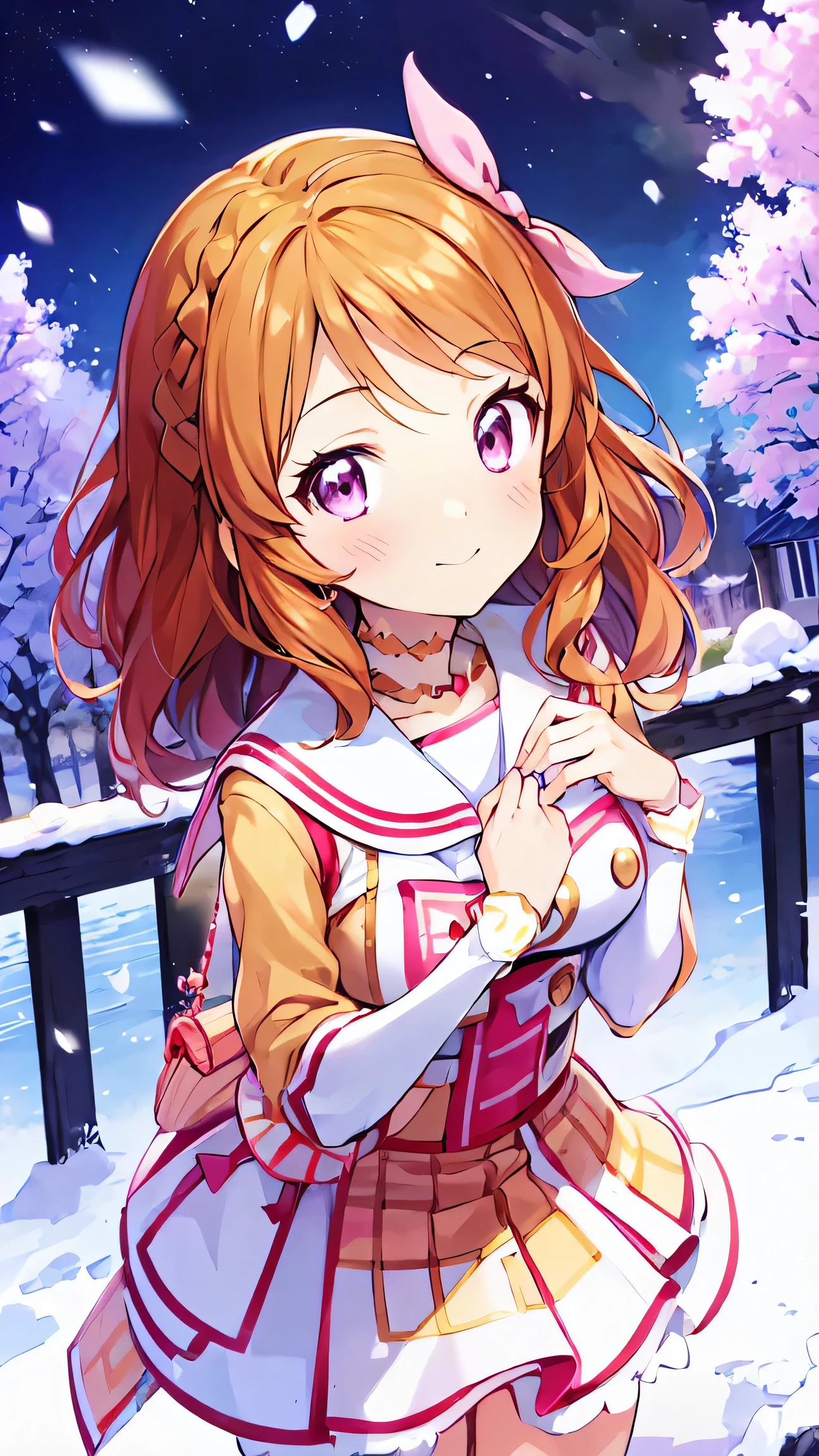  orange hair，One person， pink ribbon，Akari Ozora，((masutepiece)), ((Best Quality)), (Ultra-detailed), anime style ，Idol Academy ，consider，Aikatsu characters， Official Anime Item ， breast size is c cup，With a snowy night in the background，8k，4K，16k， high school idol ，Photo Collection，Face is front，Anime Coloring Book，She is 155 cm tall.， ichigo hoshimiya，Be aware of only the color scheme Giantess ， the best smile I can only show you，A scene from an anime，Natural skin color，Make the outline line natural，Clear Filters ，Clumsy  but hard work ，Workmanship not visible in the illustration，Face only、seed（2350895890）