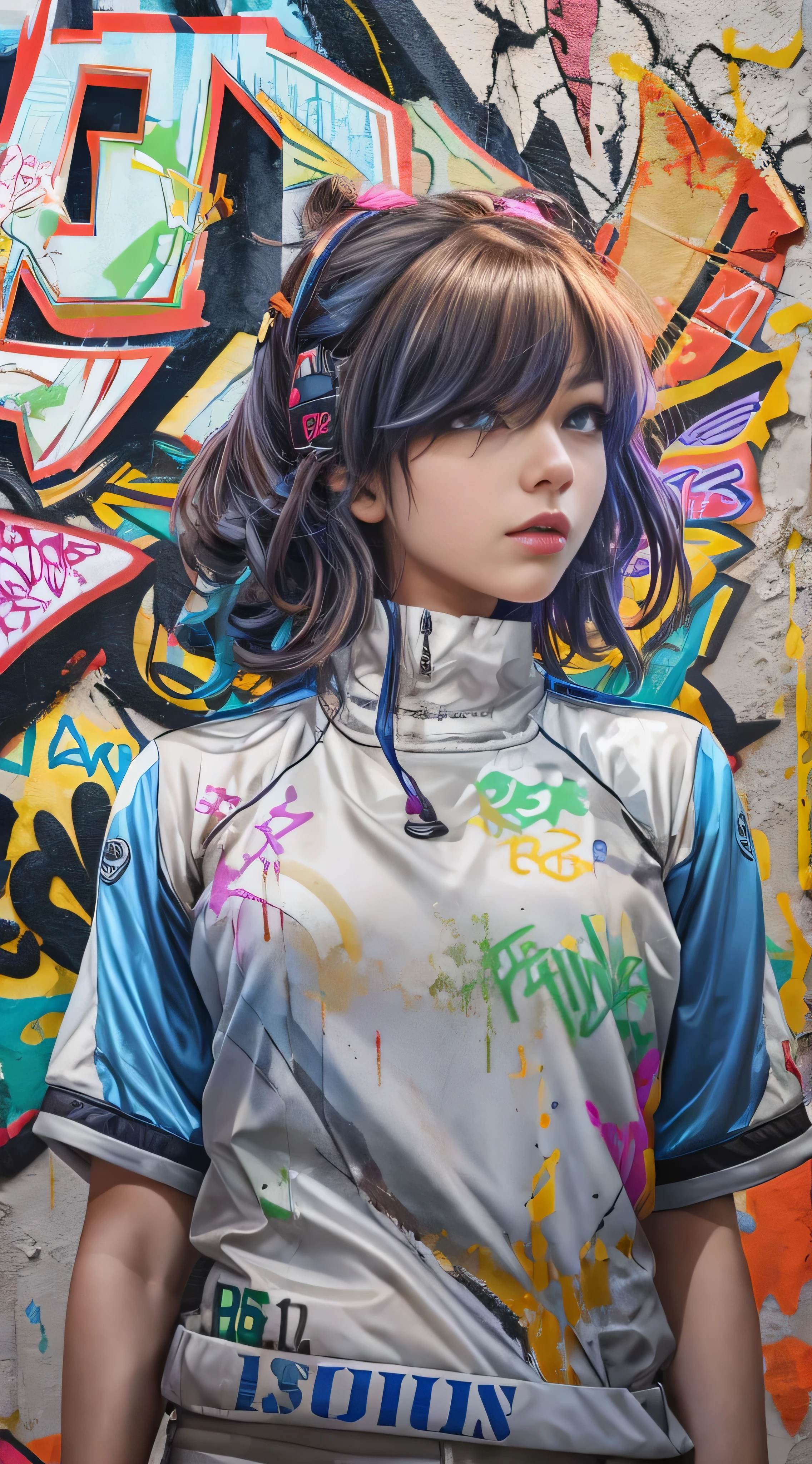 ( top quality), masterpiece,  EXTREMELY DETAILED CG UNIFORM 8K ILLUSTRATION , High collar, extremely High collar saturation,  All colors have deepened , paint,  graffiti art, CENTER COMPOSITION , Extremely detailed lighting, Graffiti wall, wall painted bright,  1 girl graffiti 1 girl is looking at the wall,  very detailed face and eyes,  medium hair, sportswear, Coloured Clouds