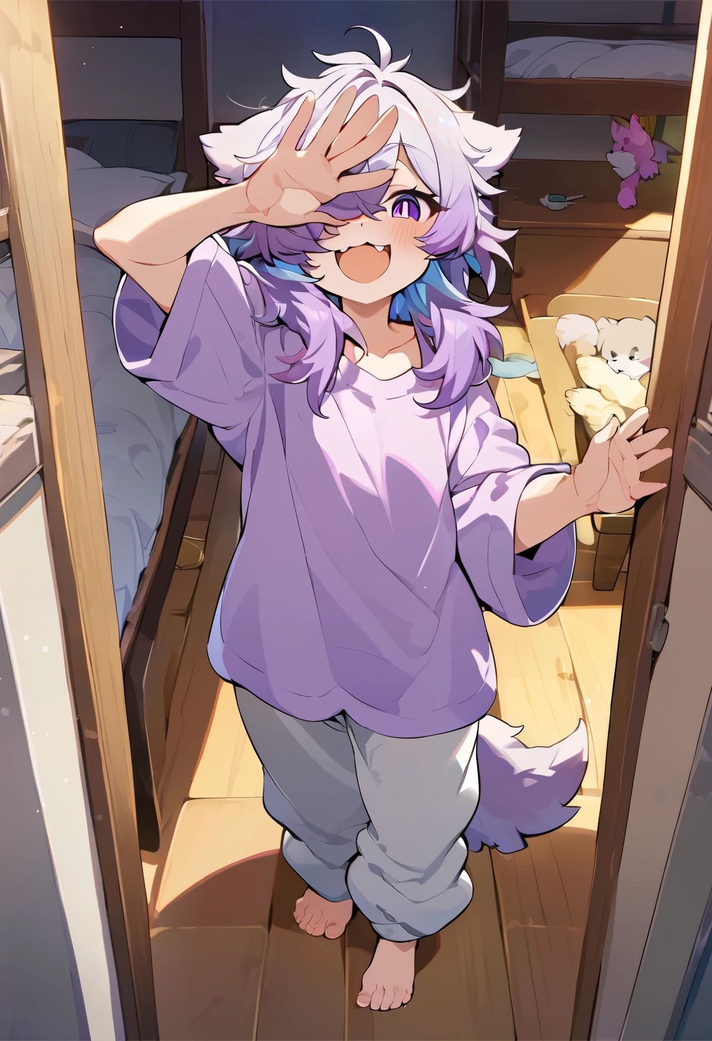 (masterpiece),(Highest image quality),top quality,anthro, furry, fur, cute fur, dog, , standing alone, shorth hair, multi-colored hair, bangss, (bangs covering one eye), purples eyes, multi-colored locks, 1boy (femboy), female face and body, Messy hair, gray hair, laughter, teeths, happy/glad, waving to the viewer, Big Shirt, Loose pants, barefoot, in a room with bunk beds