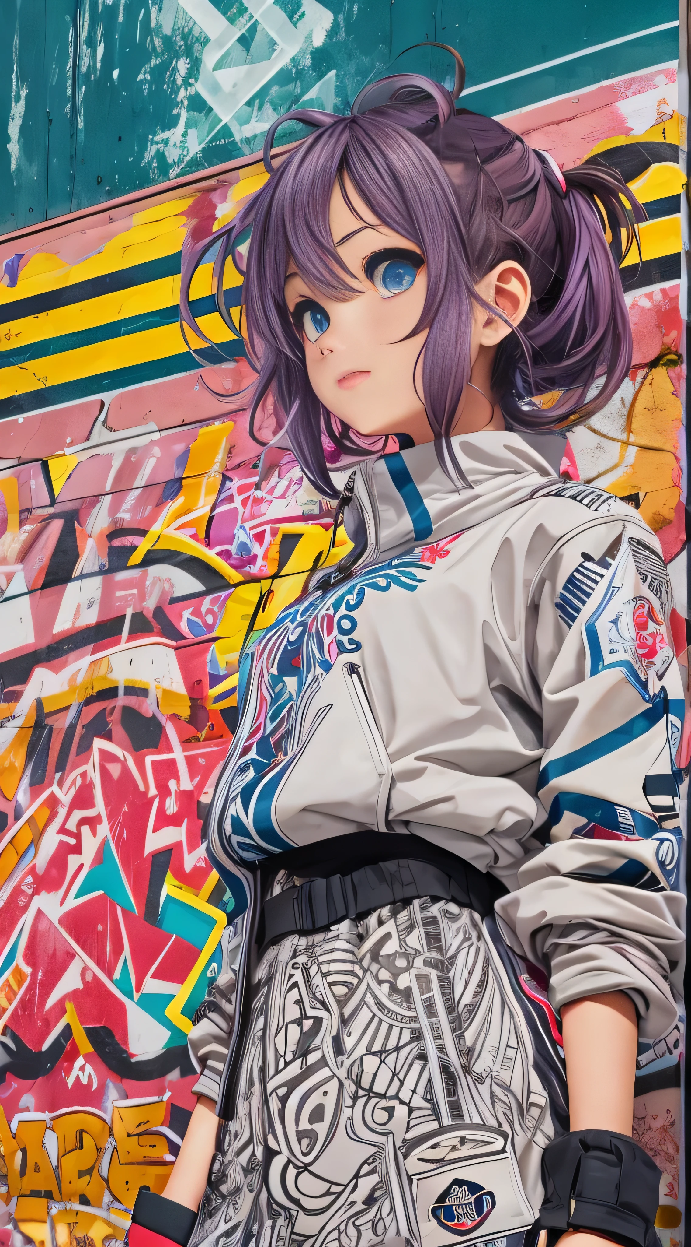 ( top quality), masterpiece,  EXTREMELY DETAILED CG UNIFORM 8K ILLUSTRATION , High collar, extremely High collar saturation,  All colors have deepened , paint,  graffiti art, CENTER COMPOSITION , Extremely detailed lighting, Graffiti wall, wall painted bright,  1 girl graffiti 1 girl is looking at the wall,  very detailed face and eyes,  medium hair, sportswear, Coloured Clouds