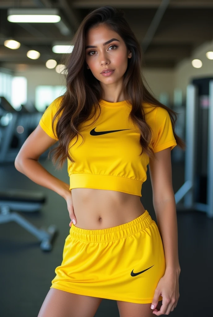 Beautiful Selena Gomez, cheerful smile, wearing sexy yellow short gym outfit, sports shorts, chest-less tank top, posing for photos in a sporty style, in the gym