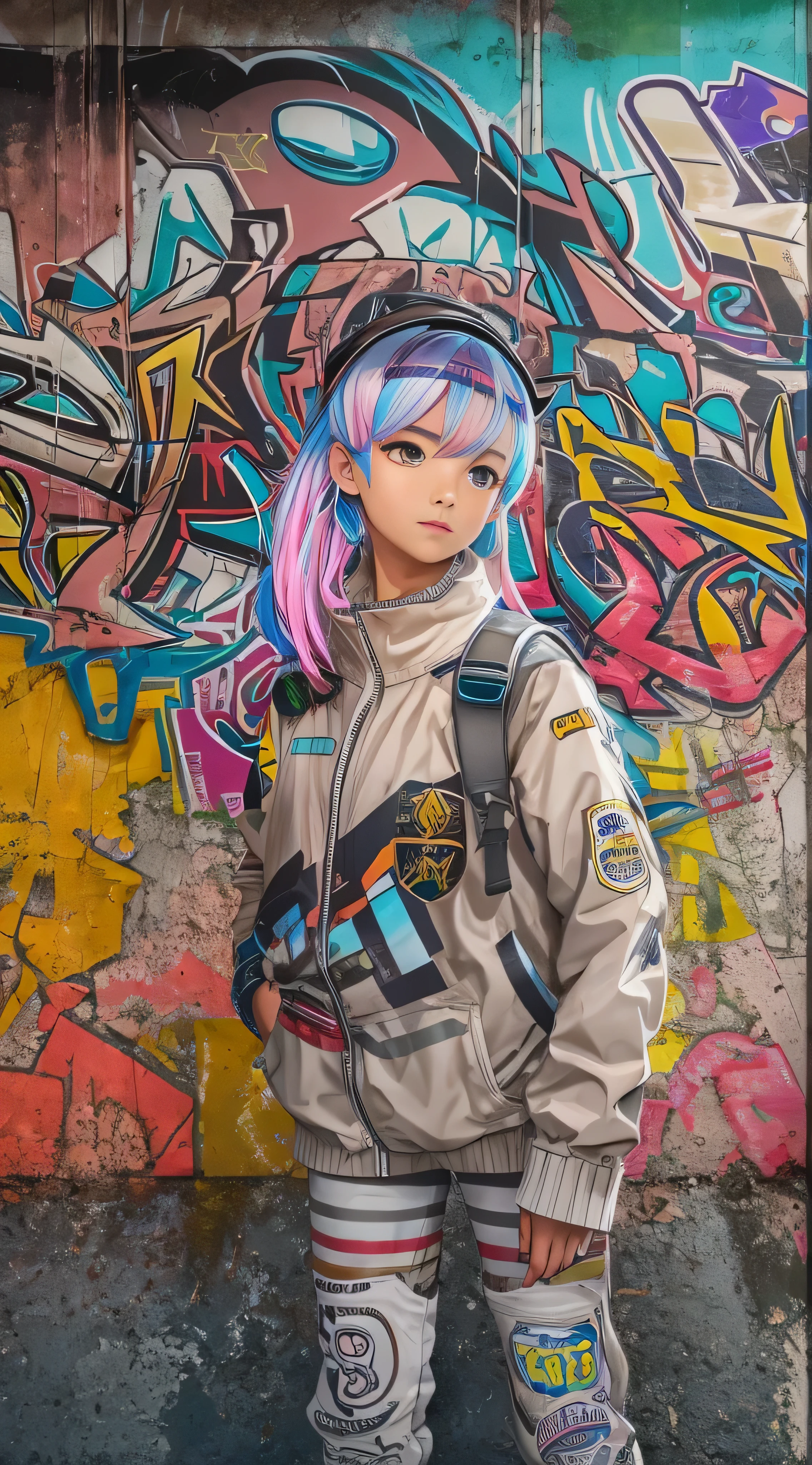 ( top quality), masterpiece,  EXTREMELY DETAILED CG UNIFORM 8K ILLUSTRATION , High collar, extremely High collar saturation,  All colors have deepened , paint,  graffiti art, CENTER COMPOSITION , Extremely detailed lighting, Graffiti wall, wall painted bright,  1 girl graffiti 1 girl is looking at the wall,  very detailed face and eyes,  medium hair, sportswear, Coloured Clouds