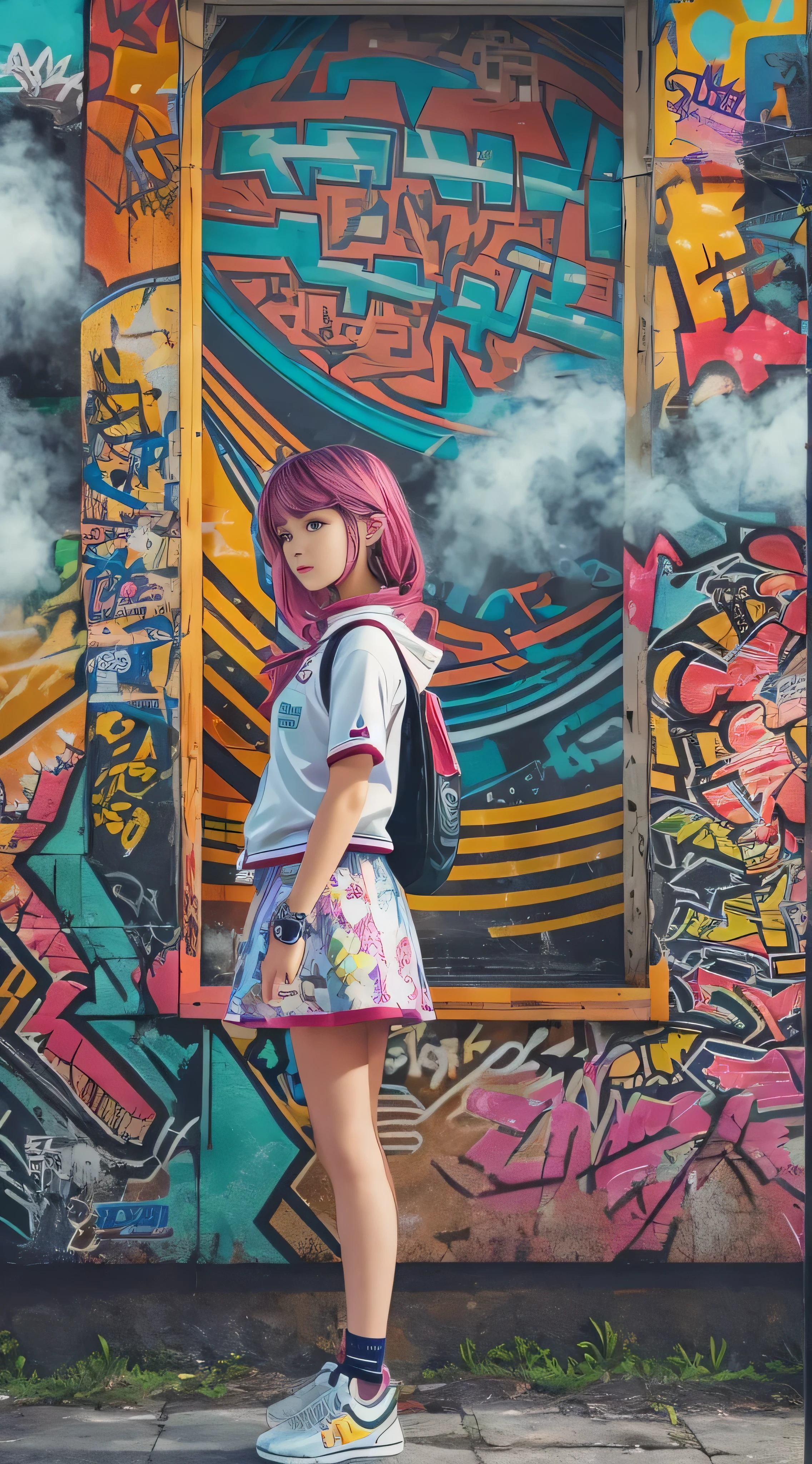 ( top quality), masterpiece,  EXTREMELY DETAILED CG UNIFORM 8K ILLUSTRATION , High collar, extremely High collar saturation,  All colors have deepened , paint,  graffiti art, CENTER COMPOSITION , Extremely detailed lighting, Graffiti wall, wall painted bright,  1 girl graffiti 1 girl is looking at the wall,  very detailed face and eyes,  medium hair, sportswear, Coloured Clouds