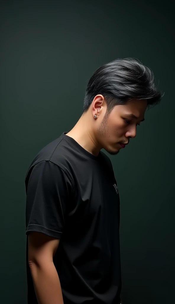 jojo, 37-year-old male, Masterpiece, best quality best East Asian people, one person, 8k, high detail, high detail, detail eyes, hyper realistic, (photorealism:1.2), Black hair with gray Sporadic, HD picture. a handsome Thai man. gray Sporadic black hair slightly bluish. wearing black t-shirt. is bowing his head with many styles. divine dark and smoky thin background. detailed and clear creation. green light font. illustration, 