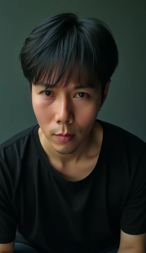 jojo, 37-year-old male, Masterpiece, best quality best East Asian people, one person, 8k, high detail, high detail, detail eyes, hyper realistic, (photorealism:1.2), Black hair with gray Sporadic, HD picture. a handsome Thai man. gray Sporadic black hair slightly bluish. wearing black t-shirt. is bowing his head with many styles. divine dark and smoky thin background. detailed and clear creation. green light font. illustration, 