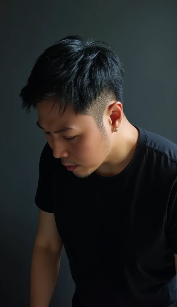 jojo, 37-year-old male, Masterpiece, best quality best East Asian people, one person, 8k, high detail, high detail, detail eyes, hyper realistic, (photorealism:1.2), Black hair with gray Sporadic, HD picture. a handsome Thai man. gray Sporadic black hair slightly bluish. wearing black t-shirt. is bowing his head with many styles. divine dark and smoky thin background. detailed and clear creation. green light font. illustration, 