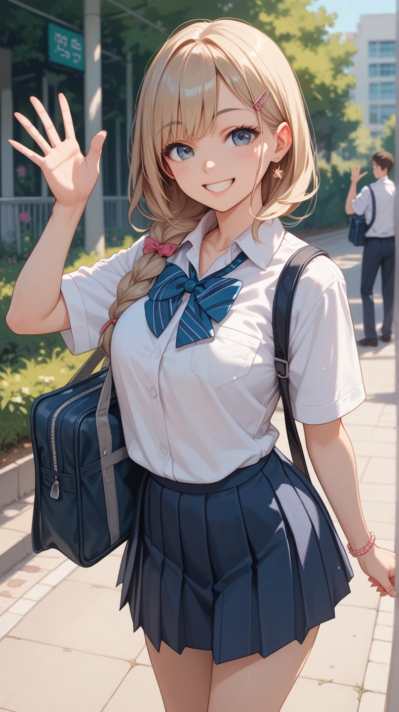 akizuki airi. oni chichi, masterpiece, highest quality, Very detailed, figure, Flat Color, Depth of written boundary, , , 1 girl, young, anime, Returning Home, full length, blonde, Twin tails, Looking at the audience, red pleated mini skirt, Wet white button-down shirt, , serafuku, Blue tie, No bra, black tights, Small backpack, Fine leather texture, Detailed fabric texture, Beautifully detailed face, blue eyes, A light smile, Pink Panties