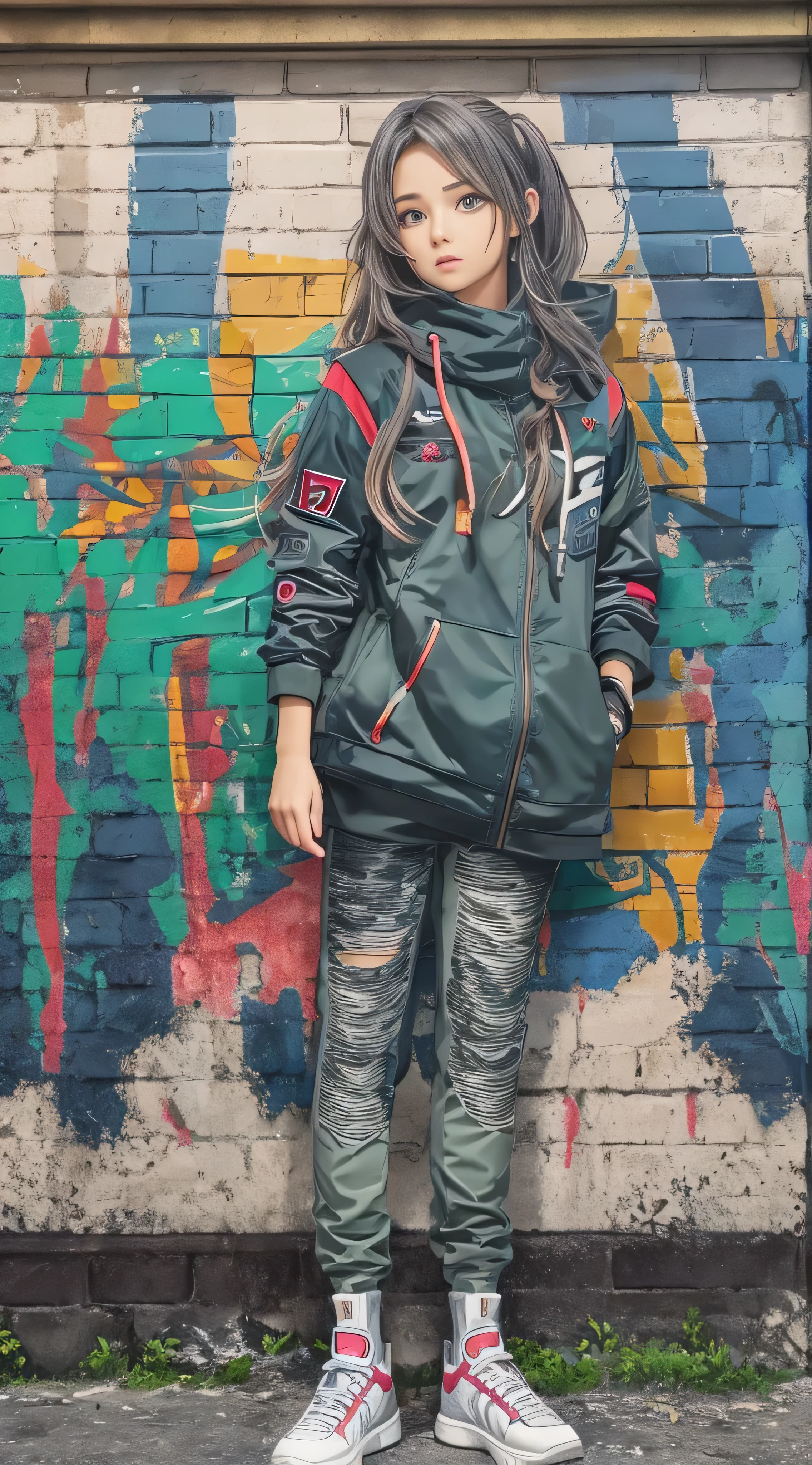 ( top quality), masterpiece,  EXTREMELY DETAILED CG UNIFORM 8K ILLUSTRATION , High collar, extremely High collar saturation,  All colors have deepened , paint,  graffiti art, CENTER COMPOSITION , Extremely detailed lighting, Graffiti wall, wall painted bright,  1 girl graffiti 1 girl is looking at the wall,  very detailed face and eyes,  medium hair, sportswear, Coloured Clouds