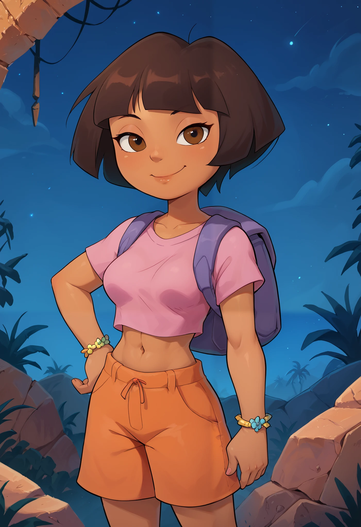  solo, From the front, symmetrical composition, cute, smirking, bedroom eyes, one hand on hip, medium breasts, Dora,  brown eyes, night, desert ruins, dark-skinned female, bob cut, (pink shirt), crop top, bare midriff, loose shirt, (orange shorts), bracelet, backpack, (slender athletic body),