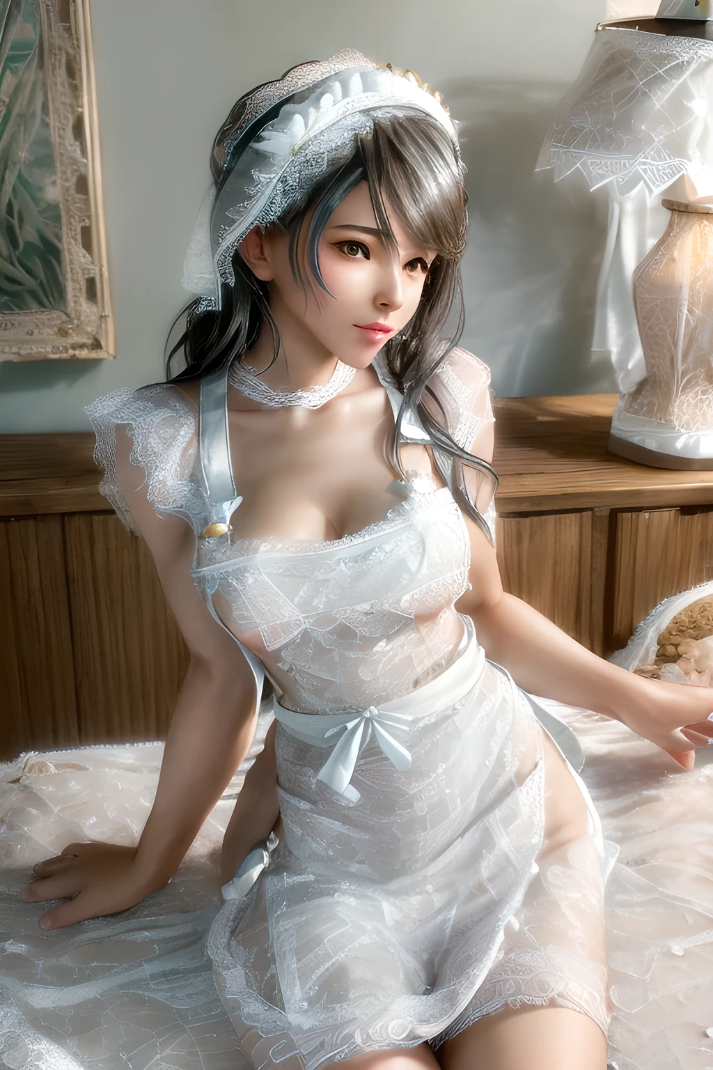 1 girl, (nude apron: 1.5), (white lace apron: 1.5) with intricate floral details and a bow at the waist. She accessorizes with white lace stockings. The room is softly decorated with white sheets and a lamp on the bedside table. Her expression is calm and elegant, and the atmosphere exudes warmth and sophistication, ,huge breasts,(masterpiece:1.4),( best quality:1.4), View Viewer,