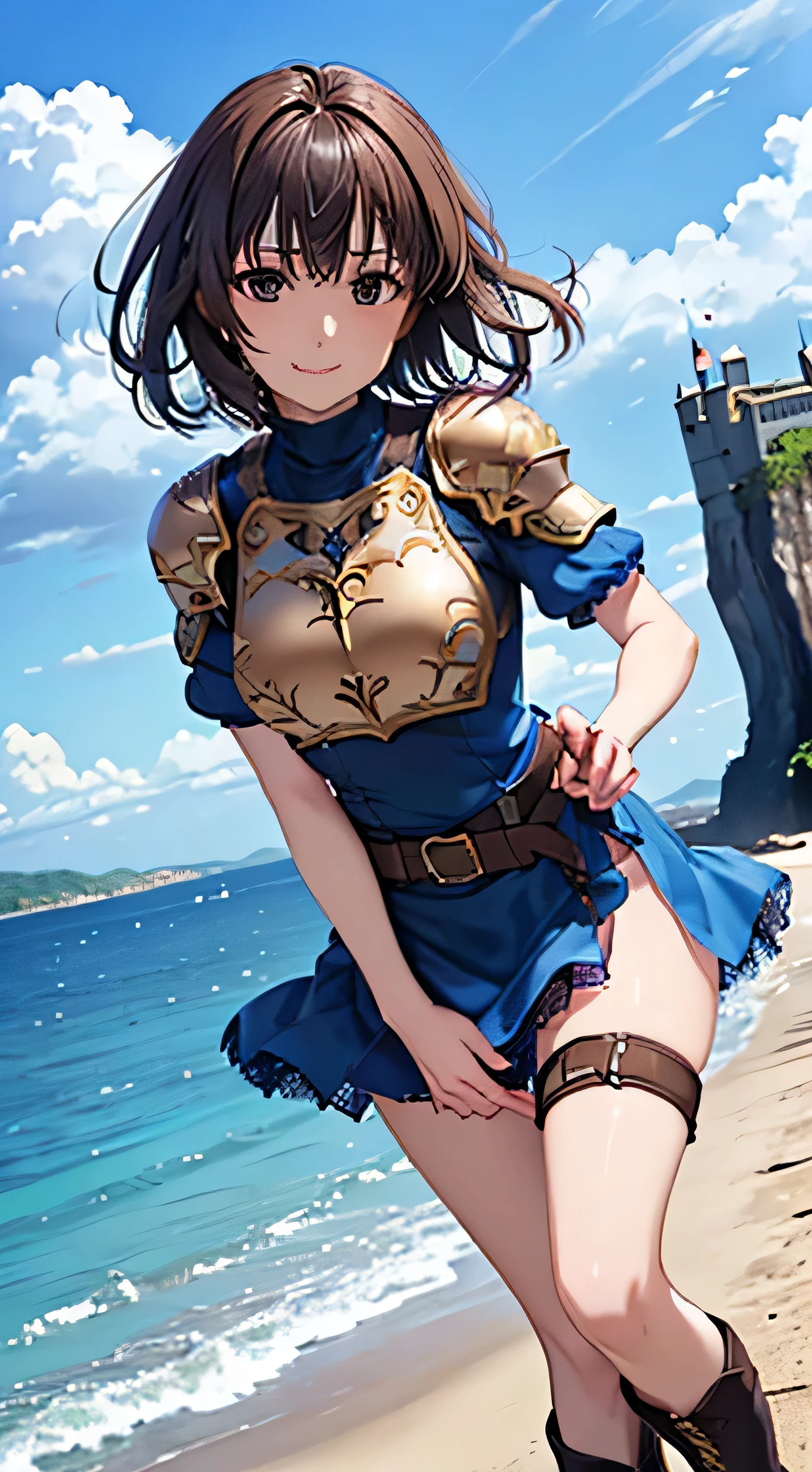 (( , top quality, , Pixel Perfect , 4K,))), 1 Woman , 、 (( short wave hair、 dark brown hair )), (( brown eyes , Beautiful eyelashes , realistic eyes)), (( detailed face , )), (( smooth texture:0.75, realistic texture:0.65, realistic :1.1, anime CG style)), small bust facing upward , dynamic angle , perfect body , (( , ,, Gold Shoulder Armor ,, Gold Breastplate, , Short Sleeve Turtleneck Blue Black Dress ,Blue Black Flare Skirt , Knee High Boots ,Arm guard , belt)), Golden Hair Ornament 、 cross necklace 、 sexy poses 、(shy cute smile ), staring upwards 、 lean forward with your butt sticking out 、 style、 the wind is blowing 、( hold the skirt with your hands)、Sexy red black lace panties are visible、Show your ass、、、、、)、 Beach with a view of the castle 、 beautiful ocean、、