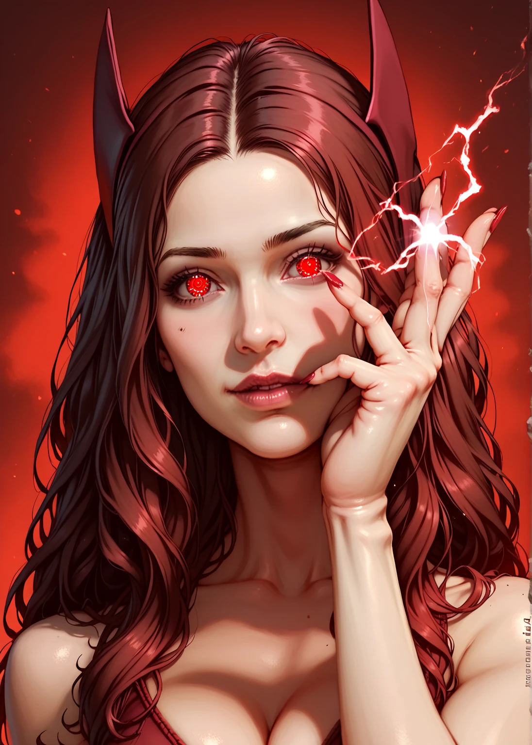 Gorgeous Scarlet Witch from the MCU, sexy masterpiece, slutty, cleavage, oily skin, best quality, highest quality, high definition, highly detailed, 8K, athletic and fit body, naughty, perfect hands, detailed hands, perfect eyes, detailed eyes, flirty, sexy, realistic, HDR, UHD, dynamic, energy in a cirle around both hands