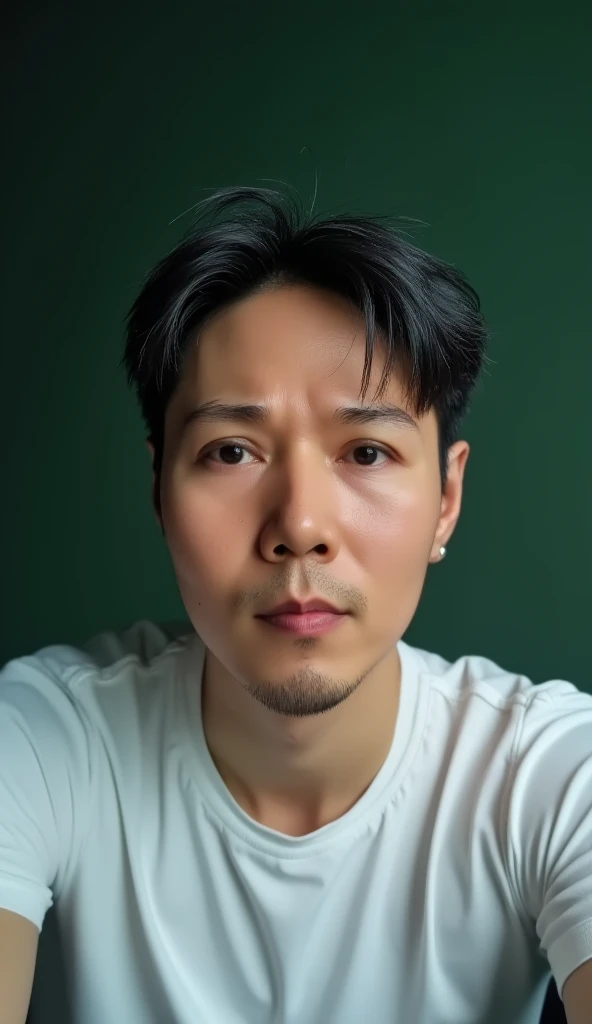 jojo, 37-year-old male, Masterpiece, best quality best East Asian people, one person, 8k, high detail, high detail, detail eyes, hyper realistic, (photorealism:1.2), Black hair with gray Sporadic, HD picture. a handsome Thai man. gray Sporadic black hair slightly bluish. wearing white t-shirt. is bowing his head with many styles. divine dark and smoky thin background. detailed and clear creation. green light font. illustration, 