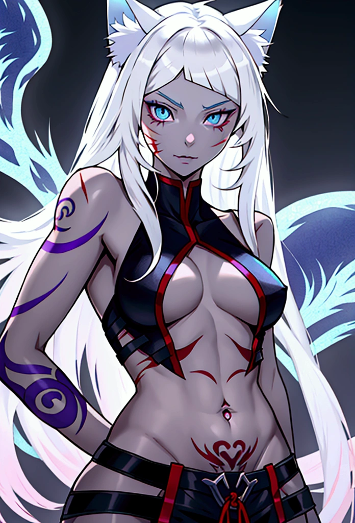 cabelos cinzas escuros, olhos vermelho-sangue, corpo rechonchudinho e sexy, seios gigantescos, sem roupa, mulher furry wolf