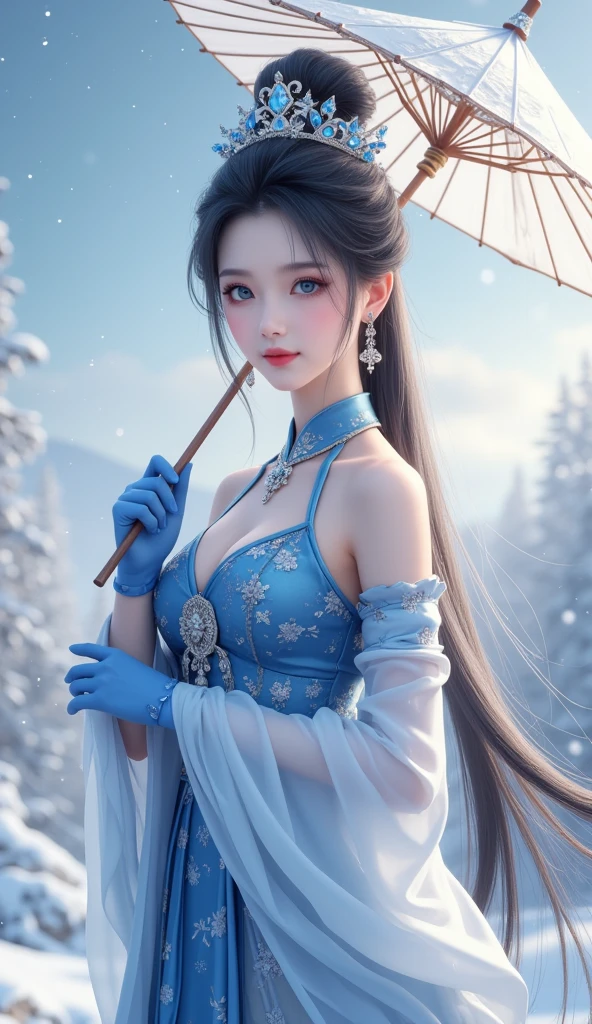 1girl, solo, umbrella, holding_umbrella, shoulder_cutout, long_hair, holding, gloves, blue_gloves, blue_eyes, dress, jewelry, hair_bun, snow, chinese_clothes, necklace, earrings, sky, outdoors
