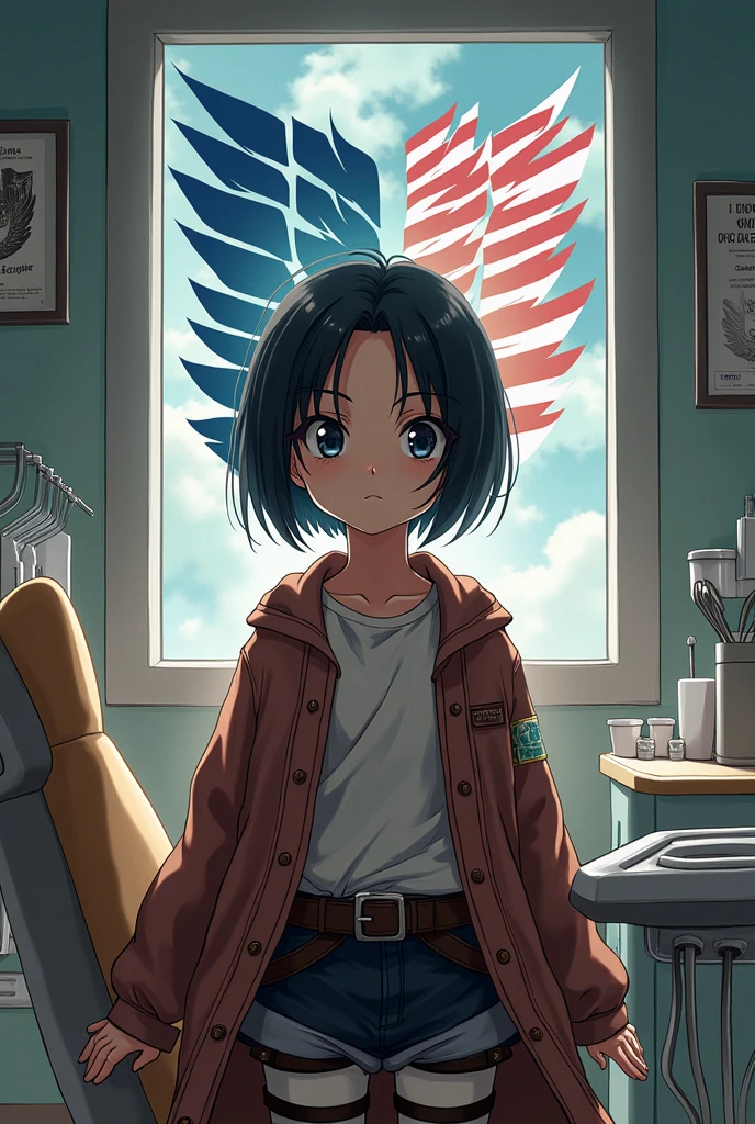 Create a gift card for going to the dentist style an Attack on Titan series. Add references to visit the dentist. Put the girl in the middle. Set up the image in a dentist's office