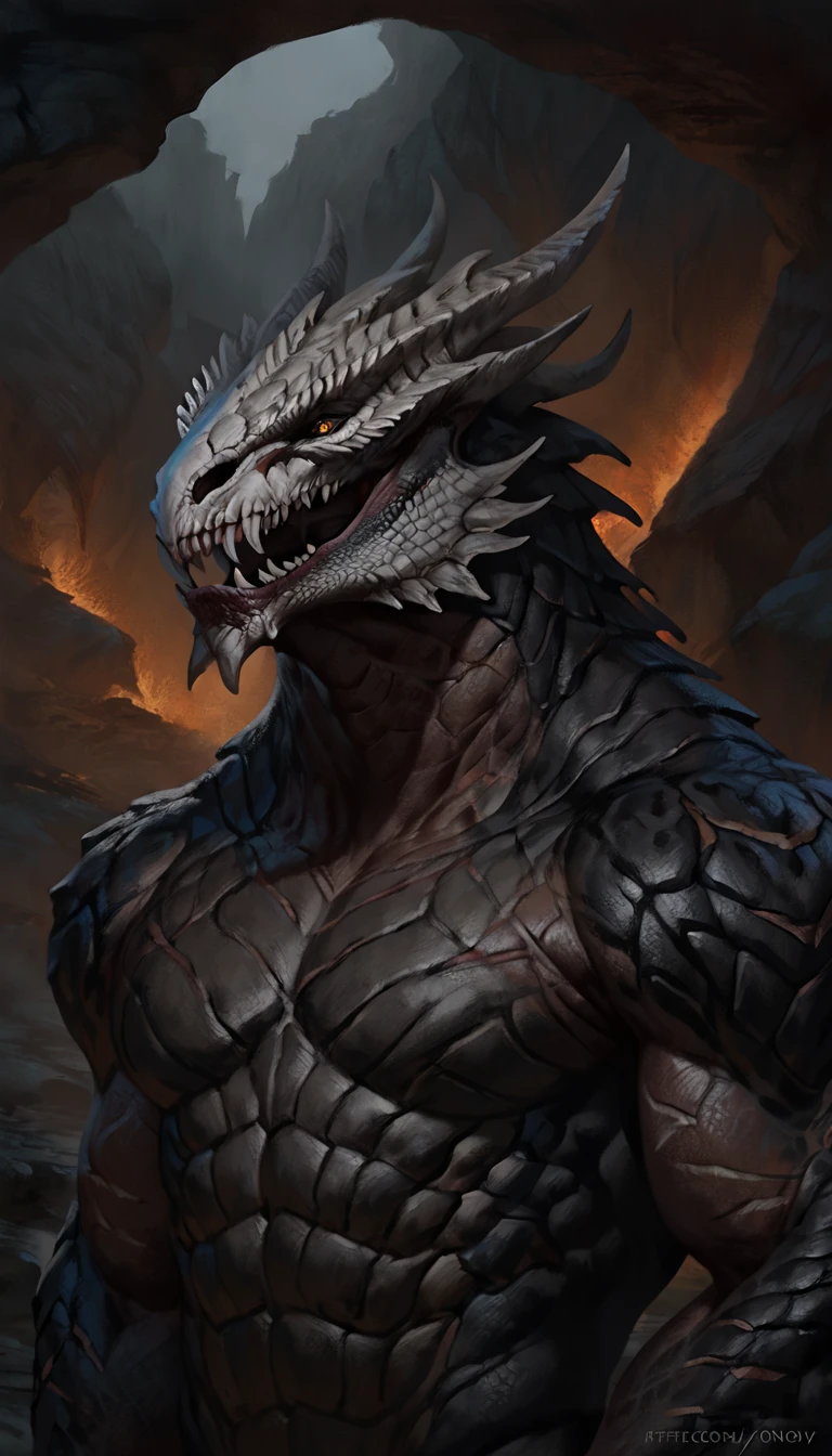 lizardfolk, hands behind back, anthro dragon lizard, solo, portrait, scaly, detailed scales, experienced predator, dragonic, monster, mercenary, grin, open mouth, black scaly body, matte body, toned, muscular anthro, big muscles, detailed scales, scars on body, 1male solo, anthro, muscular, thick neck, thick tail, skull head, marked jaw, underground cave city background, darkness, horror, best quality, 4k, ultra-detailed, by laobai, by taran fiddler, by honovy, thedarkurge, scalie