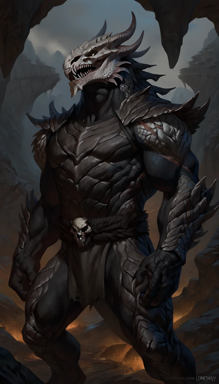 lizardfolk, hands behind back, anthro dragon lizard, solo, portrait, scaly, detailed scales, experienced predator, dragonic, monster, mercenary, grin, open mouth, black scaly body, matte body, toned, muscular anthro, big muscles, detailed scales, scars on body, 1male solo, anthro, muscular, thick neck, thick tail, skull head, marked jaw, underground cave city background, darkness, horror, best quality, 4k, ultra-detailed, by laobai, by taran fiddler, by honovy, thedarkurge, scalie