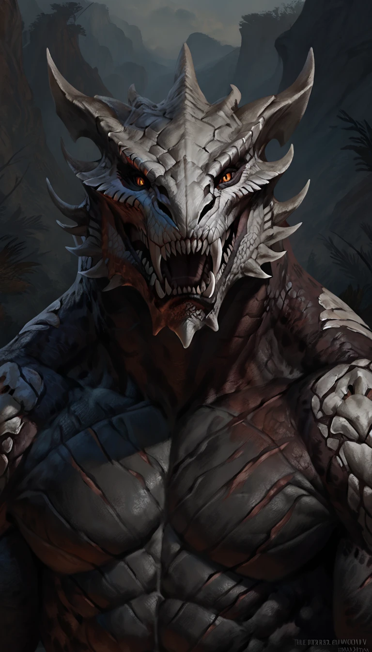 lizardfolk, hands behind back, anthro dragon lizard, solo, portrait, scaly, detailed scales, experienced predator, dragonic, monster, mercenary, grin, open mouth, black scaly body, matte body, toned, muscular anthro, big muscles, detailed scales, scars on body, 1male solo, anthro, muscular, thick neck, thick tail, skull head, marked jaw, underground cave city background, darkness, horror, best quality, 4k, ultra-detailed, by laobai, by taran fiddler, by honovy, thedarkurge, scalie