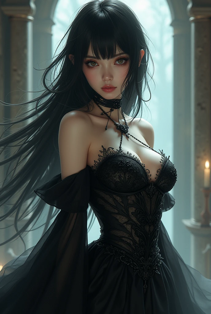 **(best quality,4k,8k,highres,masterpiece:1.2),ultra-detailed,realistic,oriental gothic girl,beautiful detailed eyes,beautiful detailed lips,extremely detailed eyes and face,long black hair,very detailed dress,dark atmosphere,dramatic pose,stunning background,shadowy lighting,vivid colors**