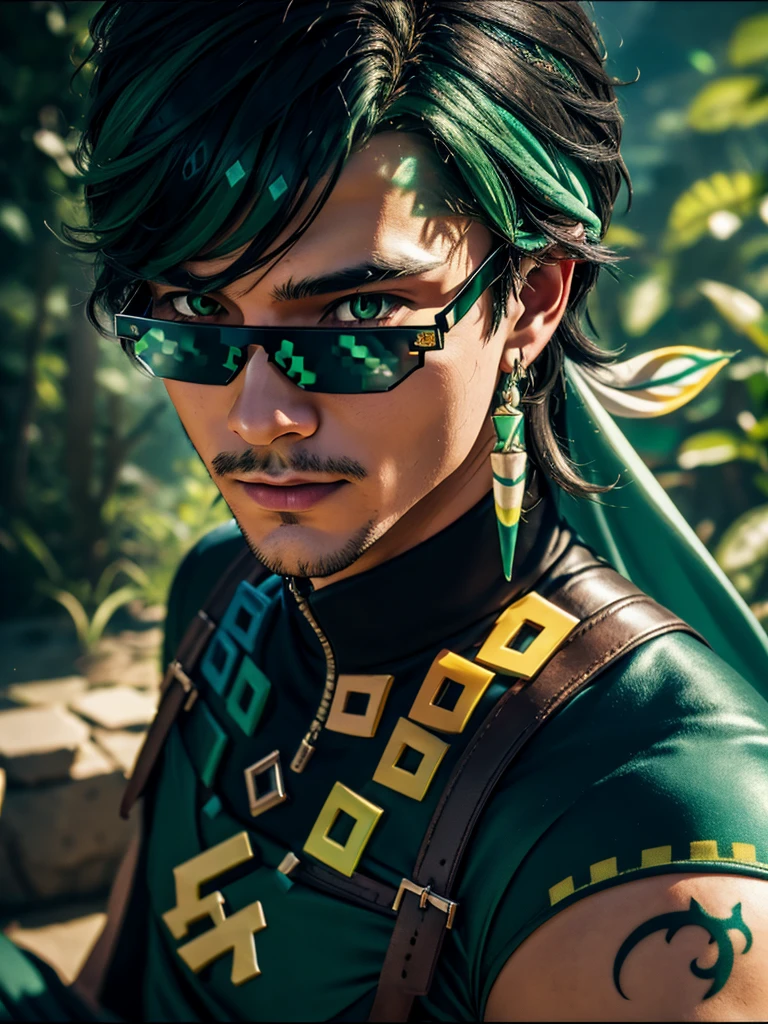 A adult man in realistic portrait of high quality and detail, mexican man, 20yo, Kinich (Genshin Impact), he's wearing a pixel sunglasses, Deal with it Meme lora, Light tanned skin. Greenish-yellow eyes. Disheveled blue-black hair with green streaks. The left hand with a tattoo in green ink. Decorated black gloves on both hands. A green bandana on the head with two white feathers with yellow and green tips tucked in the back. A jumper tied around the waist. Long white-lime-green earrings in each ear. Loose baggy green trousers with blue and orange inserts. Black boots with green, blue and gold inserts. athletic body, Movie style, light atmosphere, happy smiling, glow, eye shadow, 1man, Depth & Perspective, fine face, He sitting on the stone coach, outdoors, waterfall on background, day time, looking at viewer, (ultra-high detail:1.2), Masterpiece, Best Quality, Ultra-detailed, Cinematic lighting, 8K, delicate features, cinematic, 35 mm lens, f/1.9, highlight lighting, global lighting –uplight –v 4, cinematic, Cinematic lighting, 8K, high quality, Highest Quality, (Solo Focus), (extremly intricate:1.3), (Realistic), masterful, Analog style, (Film grain:1.5), (cold tone)