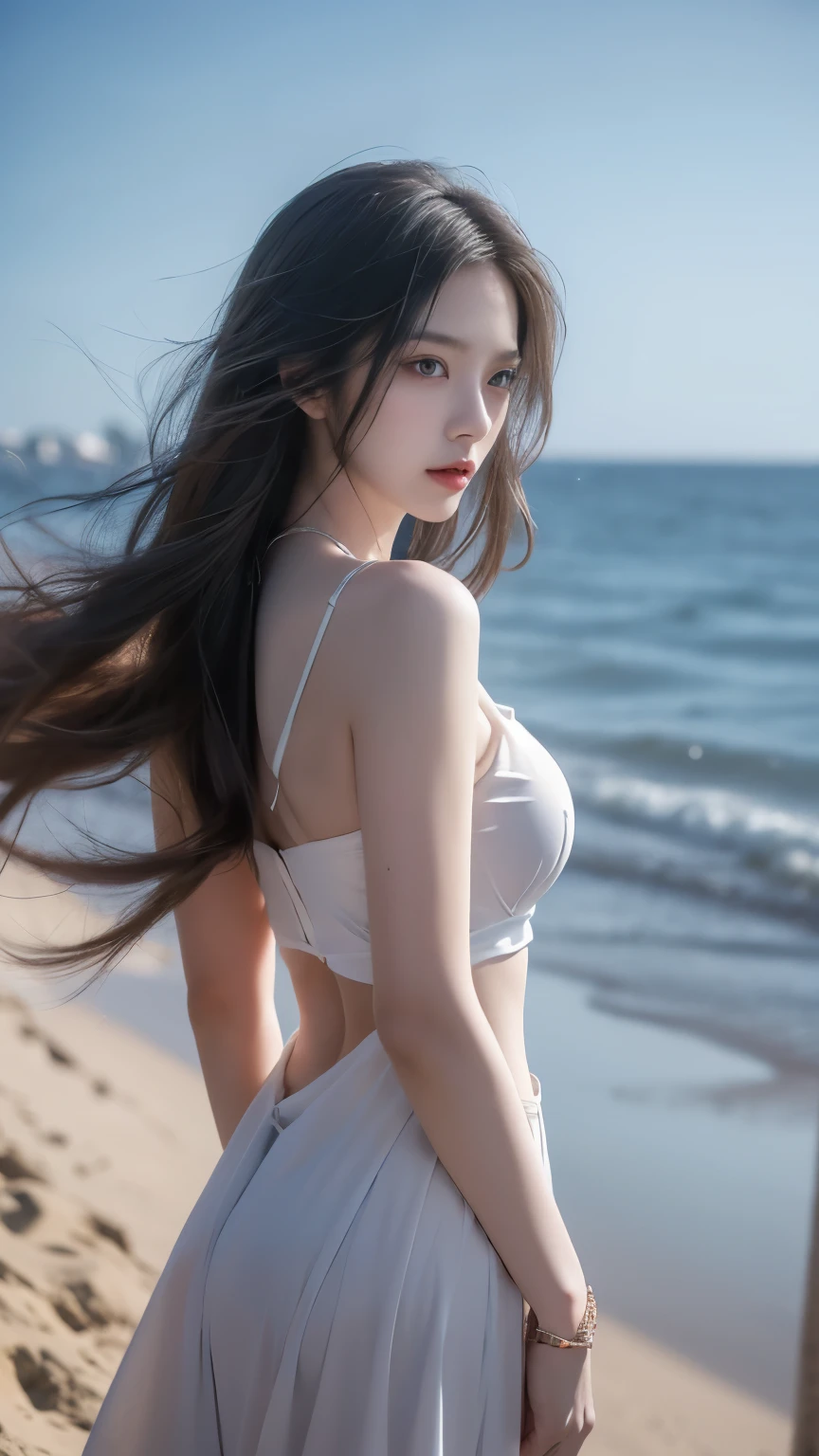  actual  detailed photo of a giant breasted girl with exposed shoulders, Detailed fingers,  high quality skin ,  red eyes , Alone at the seaside, wind,  and long flowing hair , ( Best Quality ,4K,8K, high resolution,masterpiece:1.2), super detailed,( actual ,photo actual ,photo- actual :1.37), studio lighting , vivid colors 