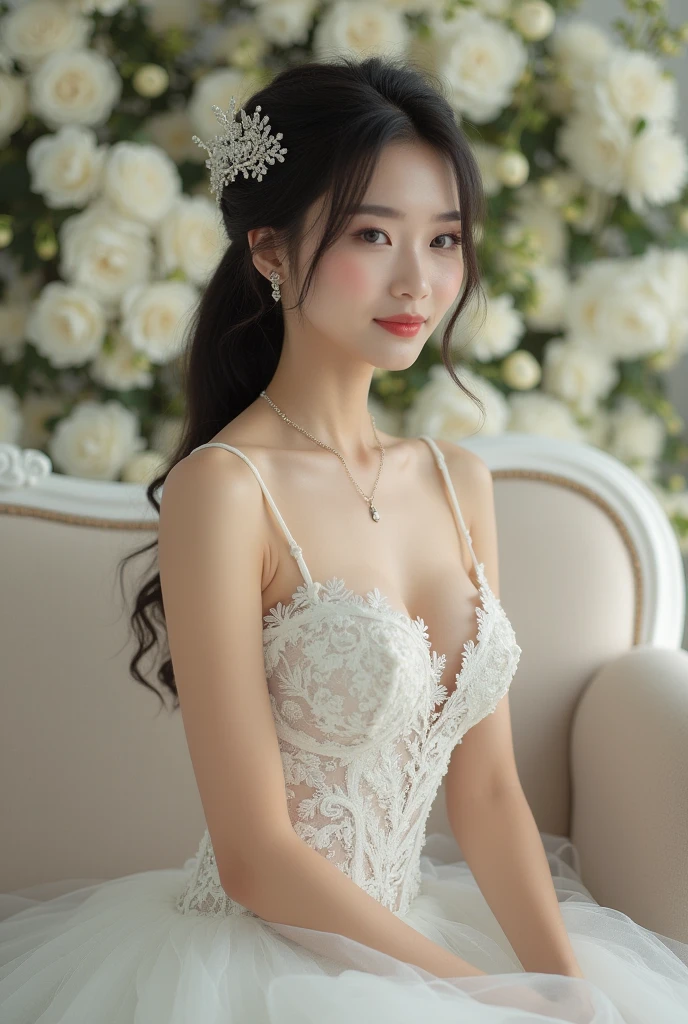 1 girl, Fair-skinned, Suess, Glare from the sun, Wedding Dresses, thin, stencil, Lace pattern, bridal veil, bokeh, deep depth of field, blurred background, light particle, high wind, Head tilt, long-haired, enormous breasts, big name, Open shoulders, Watch it all.., Long slender legs.., small waist