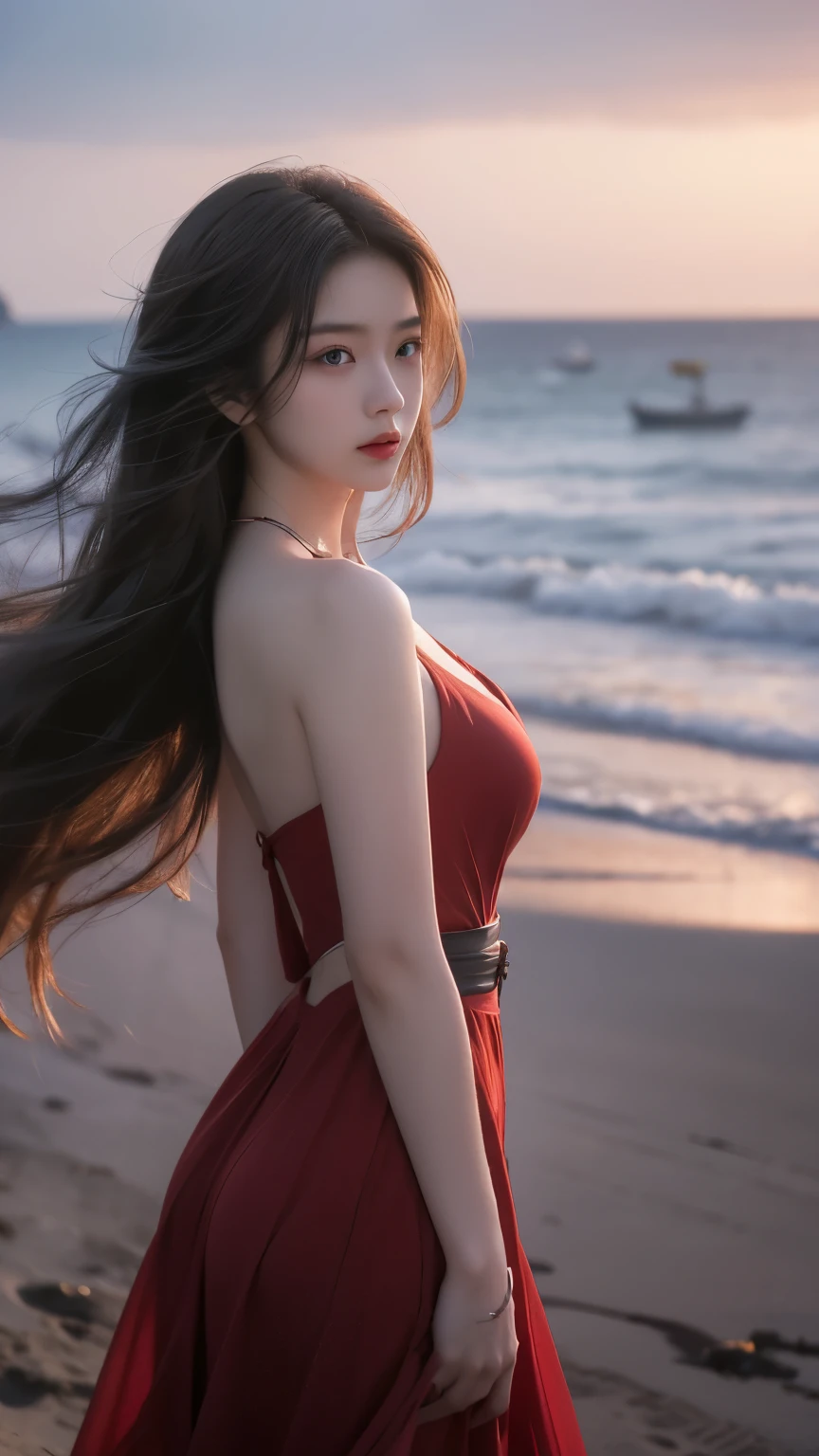  actual  detailed photo of a giant breasted girl with exposed shoulders, Detailed fingers,  high quality skin ,  red eyes , Alone at the seaside, wind,  and long flowing hair , ( Best Quality ,4K,8K, high resolution,masterpiece:1.2), super detailed,( actual ,photo actual ,photo- actual :1.37), studio lighting , vivid colors 