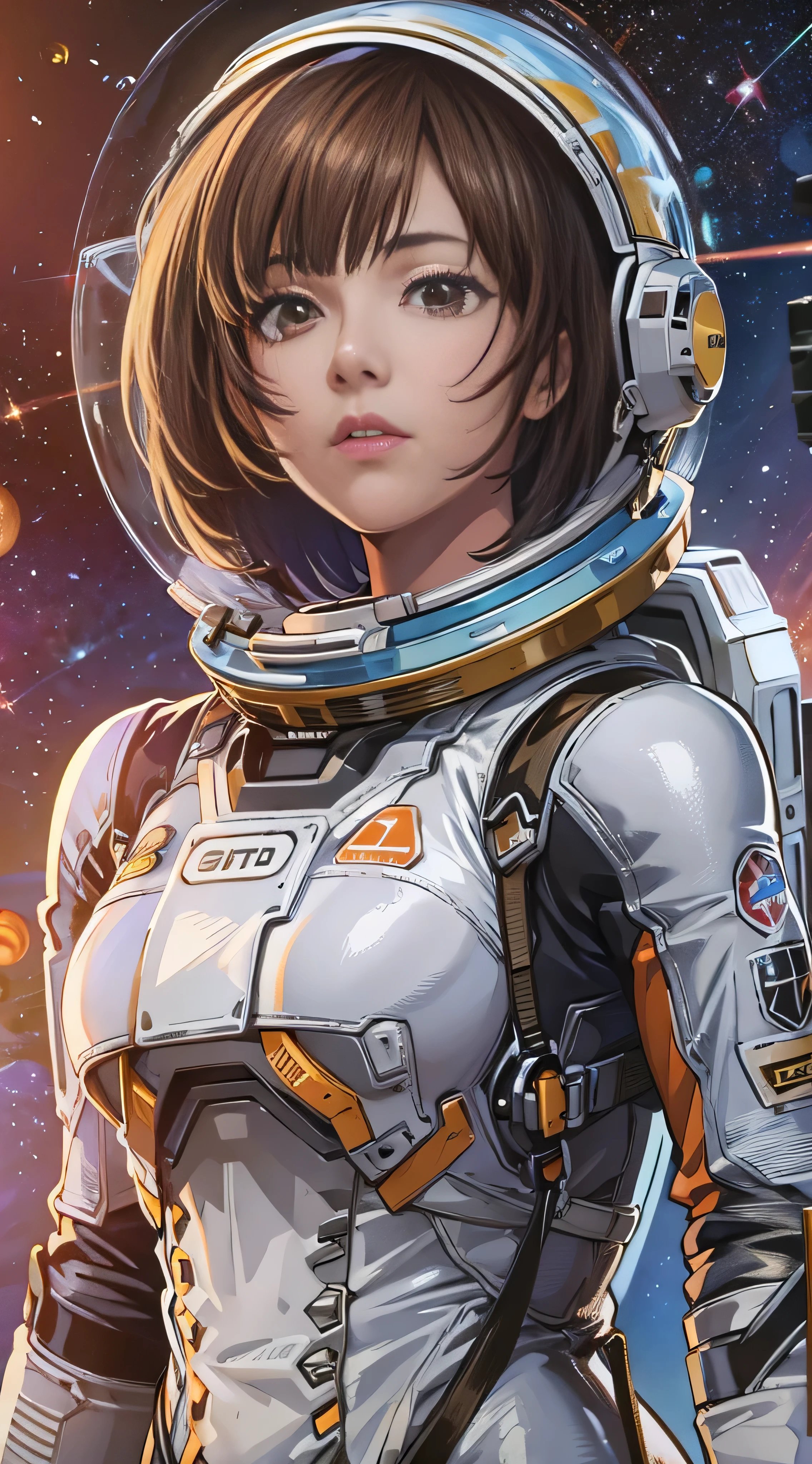  in high-definition images，T-Shirts,  comments, , ( Photorealistic:1.4), ( top quality:1.0), ( super high resolution :1.0), 8k, Spacesuit pictures , (masterpiece:0.2), , Did G,  1 girl,  detailed skin,  watching viewers,  brown eyes, ( short hair with bangs :1.2), (  Marionette ), ( face details), outer space  , (PureErosFace_v1:0.5)