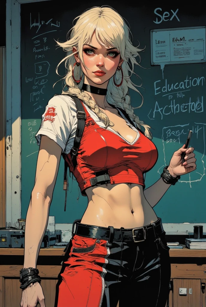 illustration, adult content, nsfw, illustration of a stunningly beautiful 20yo girl in school, best quality, school sweater cropped, underboob, massive breasts, standing in front of a blackboard where it is written in chalk "Sex Education" spelled correctly, beautiful lighting,  wearing  avery short skirt,, wearing cropped red and white top with underboob, choker, bleached blonde hair in braids, blue eyes, huge hoop earrings, bimbo aesthetic, the pit comics, wearing black and red clothes, huge lips, looking at the viewer with a sultry look, seductive smile, sexually suggestive