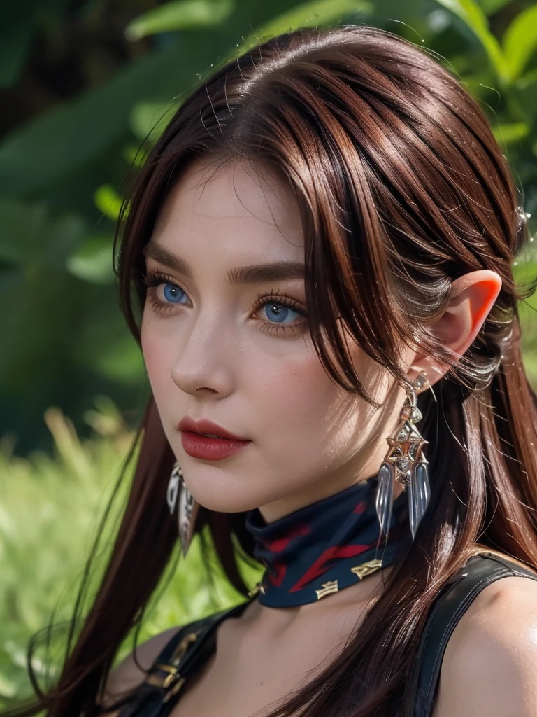 A tall woman in realistic portrait of high quality and detail, full-length photo, european, Chasca (Genshin Impact), long elf ears, Dark red hair reaching to the middle of the back, and bright blue eyes. The bangs have a purple tint at the tips and completely cover the left eye. If you look closely, you will notice a small pigtail on the right side of the head. a short sleeveless top with a cutout at the bottom, black leggings of different lengths, high-heeled boots and a red scarf around the neck. Her image is completed by a brown belt with a massive buckle, a hat with feathers, a gold earring in her right ear and fingerless gloves, pointed ears. 2000's movie style, fantasy, summer atmosphere, happy look, glow, eye shadow, 1girl, Depth & Perspective, fine face, She stands on the stone, outdoors, rainforest on background, evening time, looking at viewer, (ultra-high detail:1.2), Masterpiece, Best Quality, Ultra-detailed, Cinematic lighting, 8K, delicate features, cinematic, 35 mm lens, f/1.9, highlight lighting, global lighting –uplight –v 4, cinematic, Cinematic lighting, 8K, high quality, Highest Quality, (Solo Focus), (extremly intricate:1.3), (Realistic), masterful, Analog style, (Film grain:1.5), (cold tone),