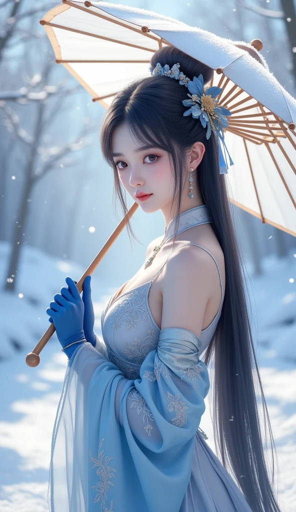 1girl, solo, umbrella, holding_umbrella, shoulder_cutout, long_hair, holding, gloves, blue_gloves, blue_eyes, dress, jewelry, hair_bun, snow, chinese_clothes, necklace, earrings, sky, outdoors
