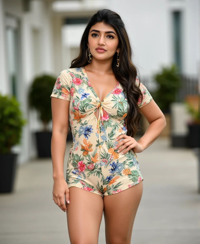 Woman wearing Fashion Nova Island Hopper Front Tie Floral Tropical Print Romper Size , on street, American ai model,  big Hip,sexy figure, curvy figure , no extra hand, no extra leg, perfect body, perfect picture, beautiful picture, hd picture, proper face