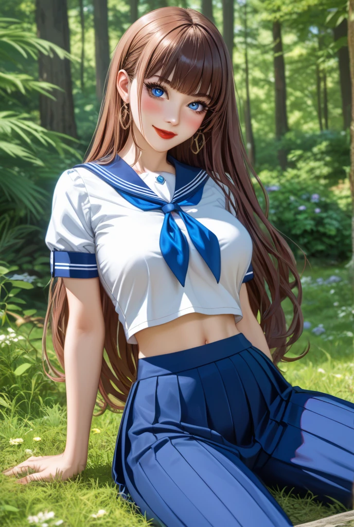 
最 high image quality, masterpiece, 4K,  high image quality,  super high resolution ,  of the prairie , CG drawing（ one cool adult female swordsman ）Deep Forest、 in the grass 、 1 female swordsman 、Yes 、
 Hair、Brown Hair、 Hairstyle、、 straight。 long hair。前髪を分けてYes 。Tall、 Slender、（Sexually、Attractive body）
 （ slender 、Long, sharp eyes、 very long eyelashes ）（ blue eyes。Delicate eyes、  beautiful eyes、 beautiful 、 red lips。（（ sharp body in the middle 、））（Big Boobs、 seductive thighs 。） Constricted 、 Tight Waist 。
、lipstick、 Completely-valid。） （Perfect、 beautiful eyes）（（In short sleeves、Short sailor suit、 belly button out。 super short with an inseam, 60 cm above the knee 、Pants、, a navy blue mini pleated skirt that looks like you can see、））
 sexy、Posing）（ blush your cheeks bright red、 has a condescending smile 、浮かべてYes ）
 biologically 、Correct body