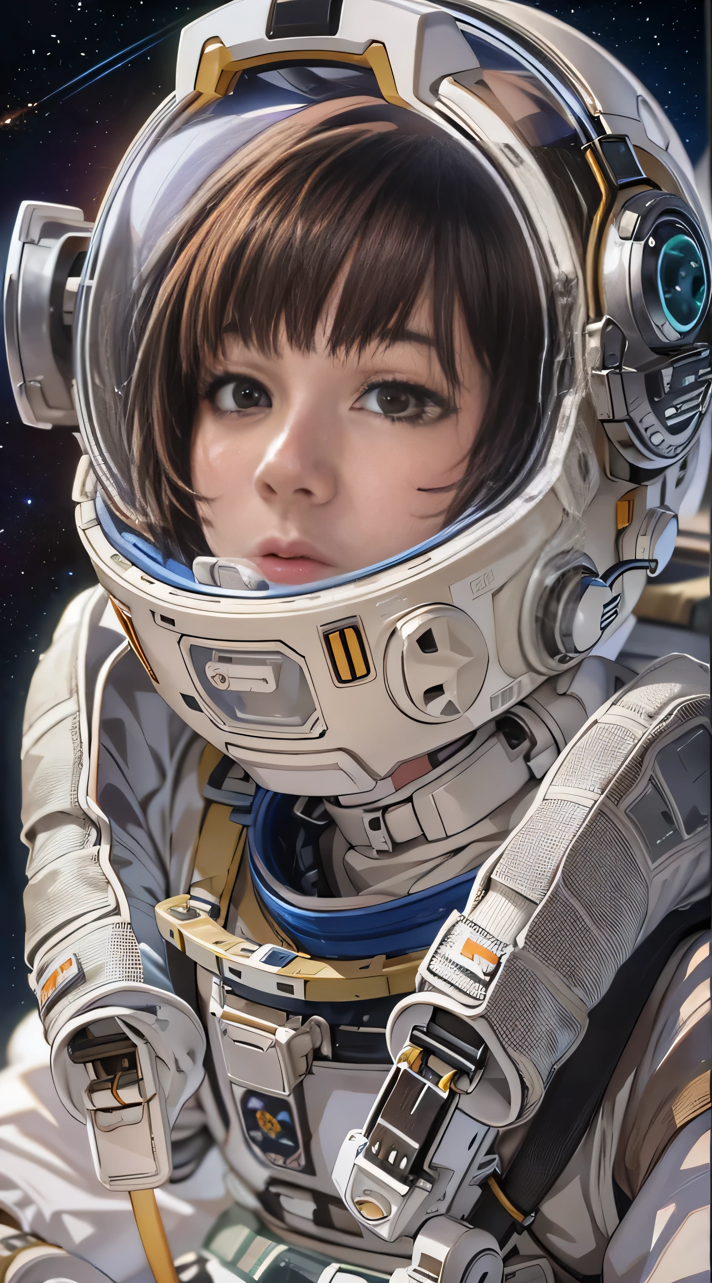  in high-definition images，T-Shirts,  comments, , ( Photorealistic:1.4), ( top quality:1.0), ( super high resolution :1.0), 8k, Spacesuit pictures , (masterpiece:0.2), , Did G,  1 girl,  detailed skin,  watching viewers,  brown eyes, ( short hair with bangs :1.2), (  Marionette ), ( face details), outer space  , (PureErosFace_v1:0.5)