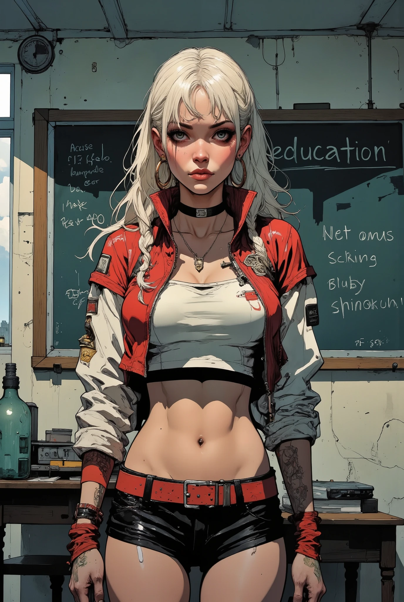 illustration, adult content, nsfw, illustration of a stunningly beautiful 20yo girl in school, best quality, school sweater cropped, underboob, massive breasts, standing in front of a blackboard where it is written in chalk "Sex Education" spelled correctly, beautiful lighting,  wearing  avery short skirt,, wearing cropped red and white top with underboob, choker, bleached blonde hair in braids, blue eyes, huge hoop earrings, bimbo aesthetic, the pit comics, wearing black and red clothes, huge lips, looking at the viewer with a sultry look, seductive smile, sexually suggestive