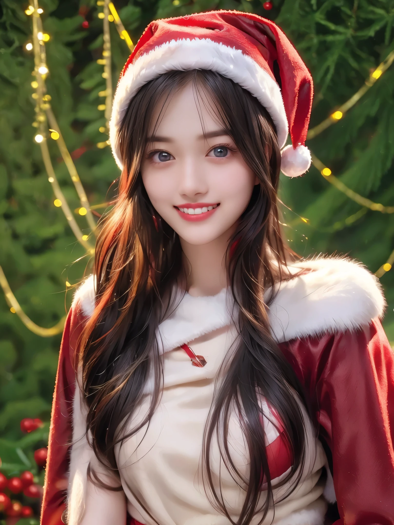 top quality、 super high resolution 、(Photographically: 1.4)、 beautiful eyes、 very beautiful in a chair 、 shiny hair 、Thin hair、 Merry Christmas 、 Christmas tree、smile、(( red Santa Claus costume 、Santa hat、Forehead))