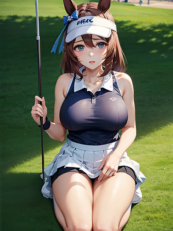 (((Masterpiece，highest quality，Highest quality，8k))),((Ultra-high resolution，Extremely detailed)),(Draw in detail),Hyper Quality，Beautiful Japanese woman in golf wear, super creek \(umamusume\)，detailed bodyline，Golf course,Professional Golfer,Golf club，Beauty，sexy，glamorous, Large Breasts,G-Cup,Big Ass,Sun visor,Sleeveless Polo Shirt(Wearing clothes next to the skin)，mini skirt,Knee-high socks,squat,Get down on one knee，Live Action, Skirt flip, (A woman looking at the putting line on the green)