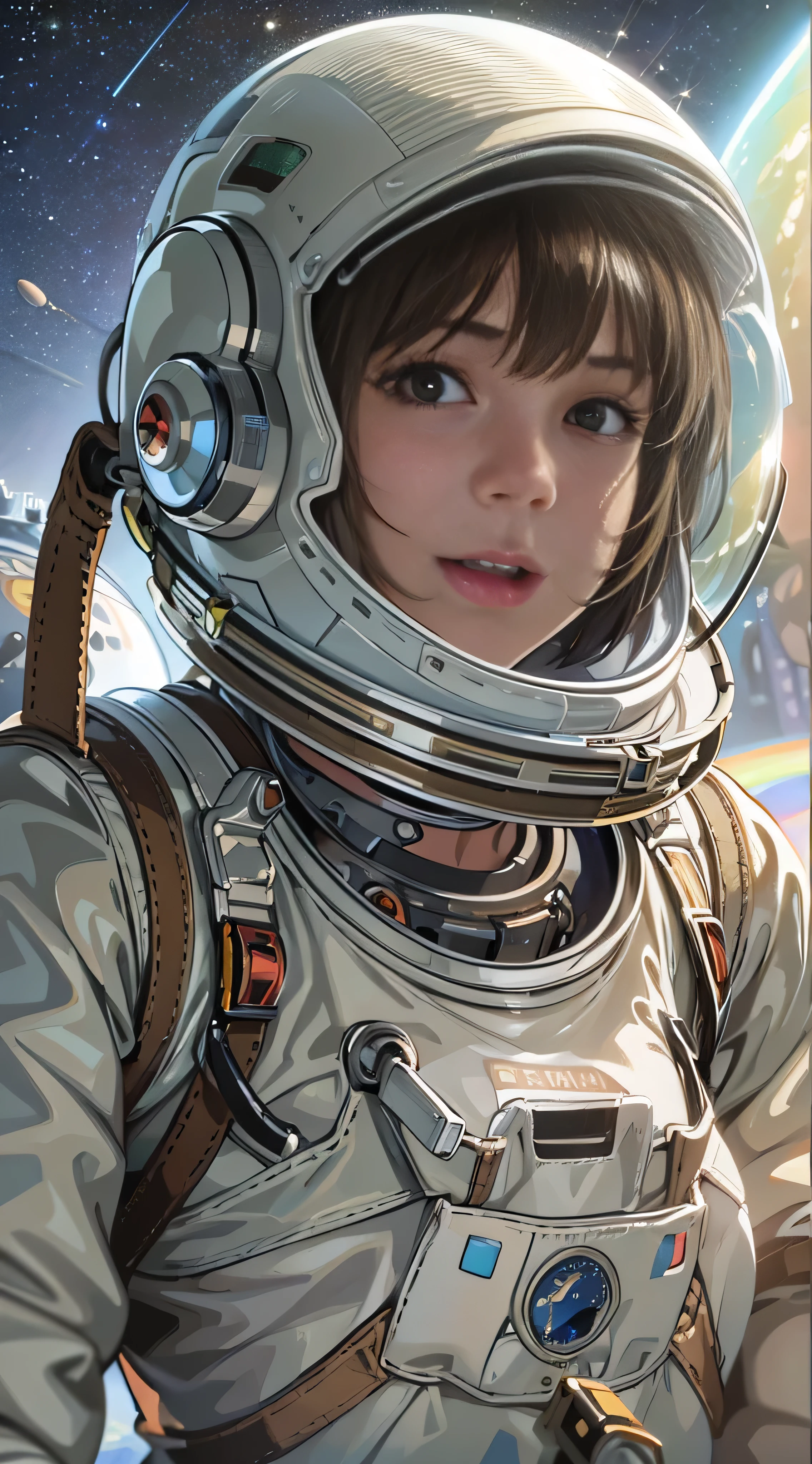  in high-definition images,T-Shirts,  comments, , ( Photorealistic:1.4), ( top quality:1.0), ( super high resolution :1.0), 8k, Spacesuit pictures , (masterpiece:0.2), , Did G,  1 girl,  detailed skin,  watching viewers,  brown eyes, ( short hair with bangs :1.2), (  Marionette ), ( face details), outer space  , (PureErosFace_v1:0.5)