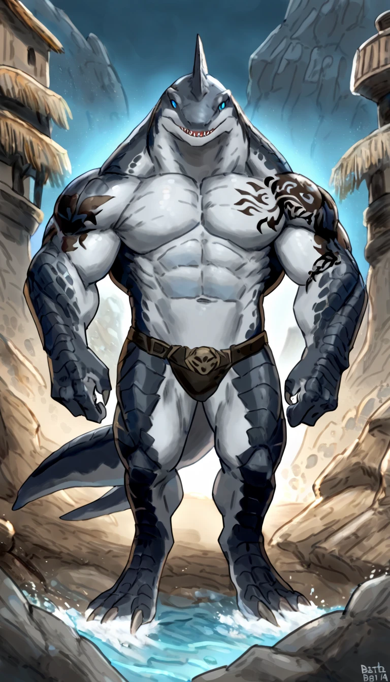 sharkman, gray belly, black and blue hands and fins, black back, solo, big arms, koholasaurus from genshin impact, bara, detailed smooth skin on abs, lizard shark hybrid, anthro, closed mouth, detailed scales, muscular, thick scales on arms and legs, proporcional body, wide chest, trapezoid body type, marked jaw, thick shark tail, best quality, 4k, ultra-detailed, by Buta99, detailed illustration of 4K horror, pirate port scenery, pirate tattoos on the body, standing near water