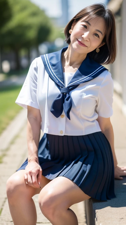 neat college girl, (school uniform, sailor uniform, ribbon tied at chest, summer uniform, upper body white, skirt is navy blue), outside the athletic field, (slim), photorealistic, detail, skin texture, ultra detail, delicate and sexy collarbone, smile, super detailed face, detailed lips, detailed eyes, double eyelids, small breasts, small breasts, small, flat breasts, breast emphasis